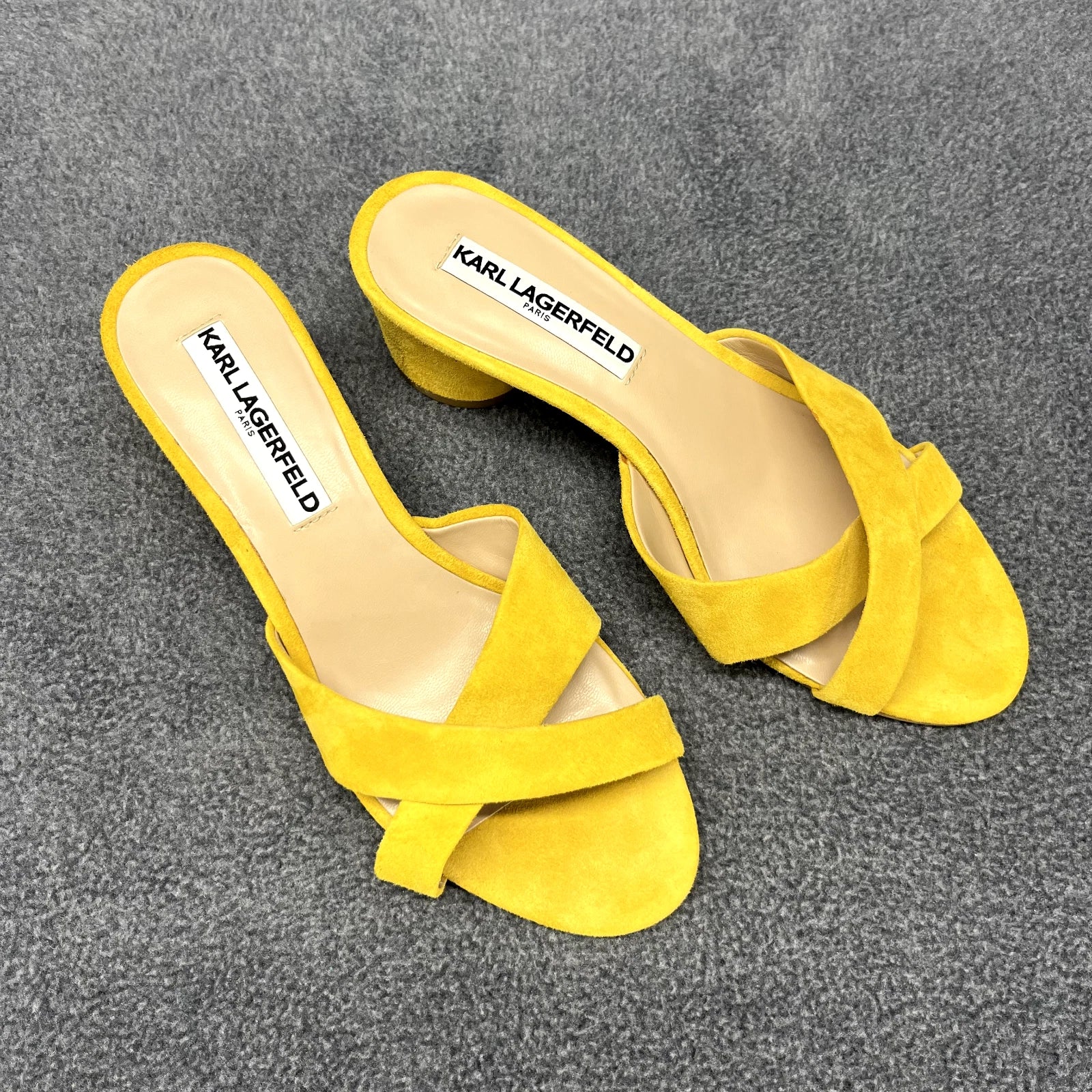 Karl Lagerfeld Sandals Women 7 M Yellow Suede Fawn Canary Slide 2" Block Heel