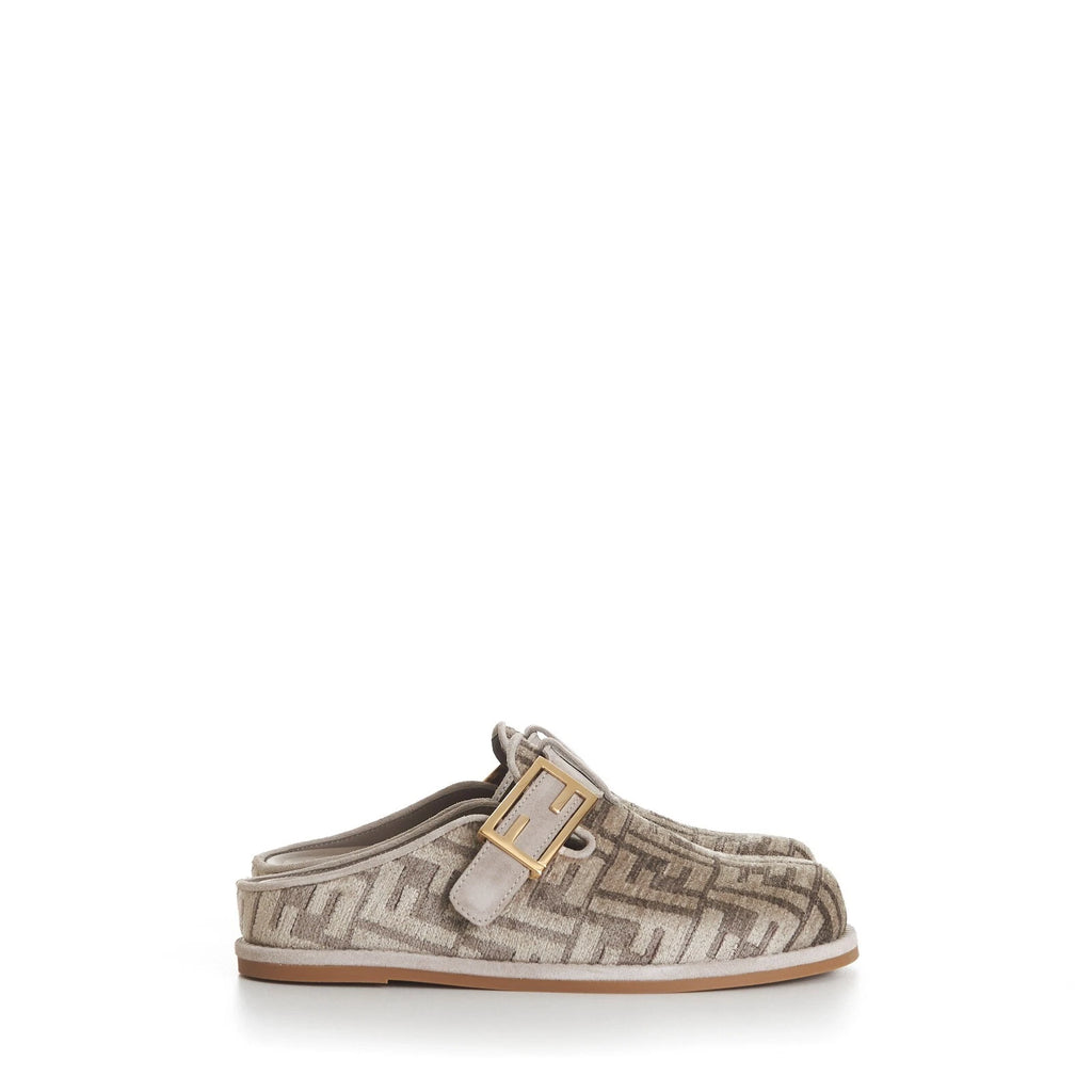 FENDI 995$ Dove Gray Chenille Sabots Sandals - FF Motif / FF Buckle