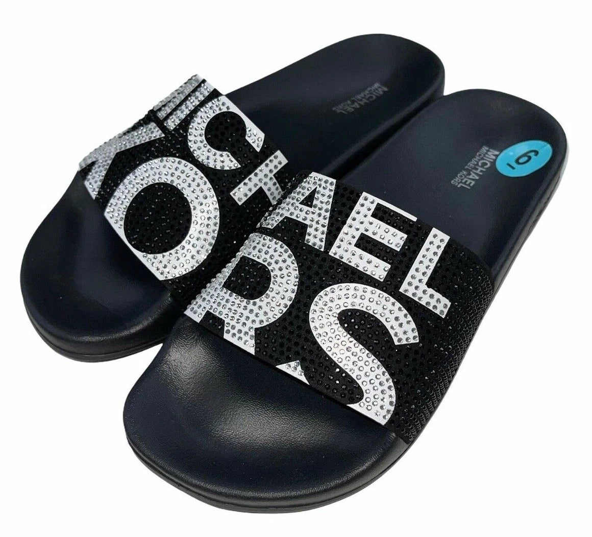 Michael Kors Slides Womens Rhinestones Rainbow Black Bling Sparkly Pride Gilmore