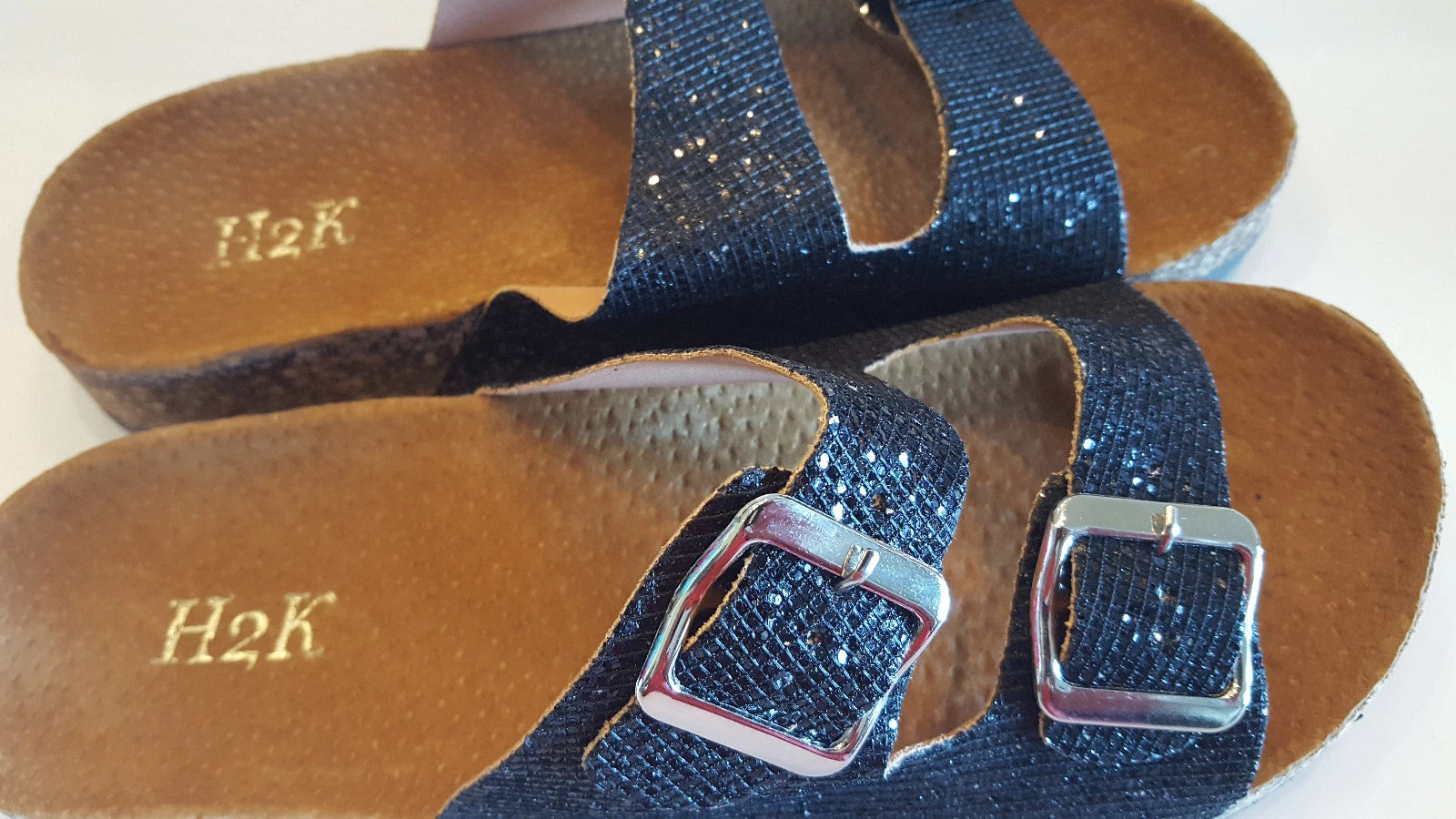 H2K Karen Glitter Black Fashion Slides Flip Flops Sandals Bling Slides Straps
