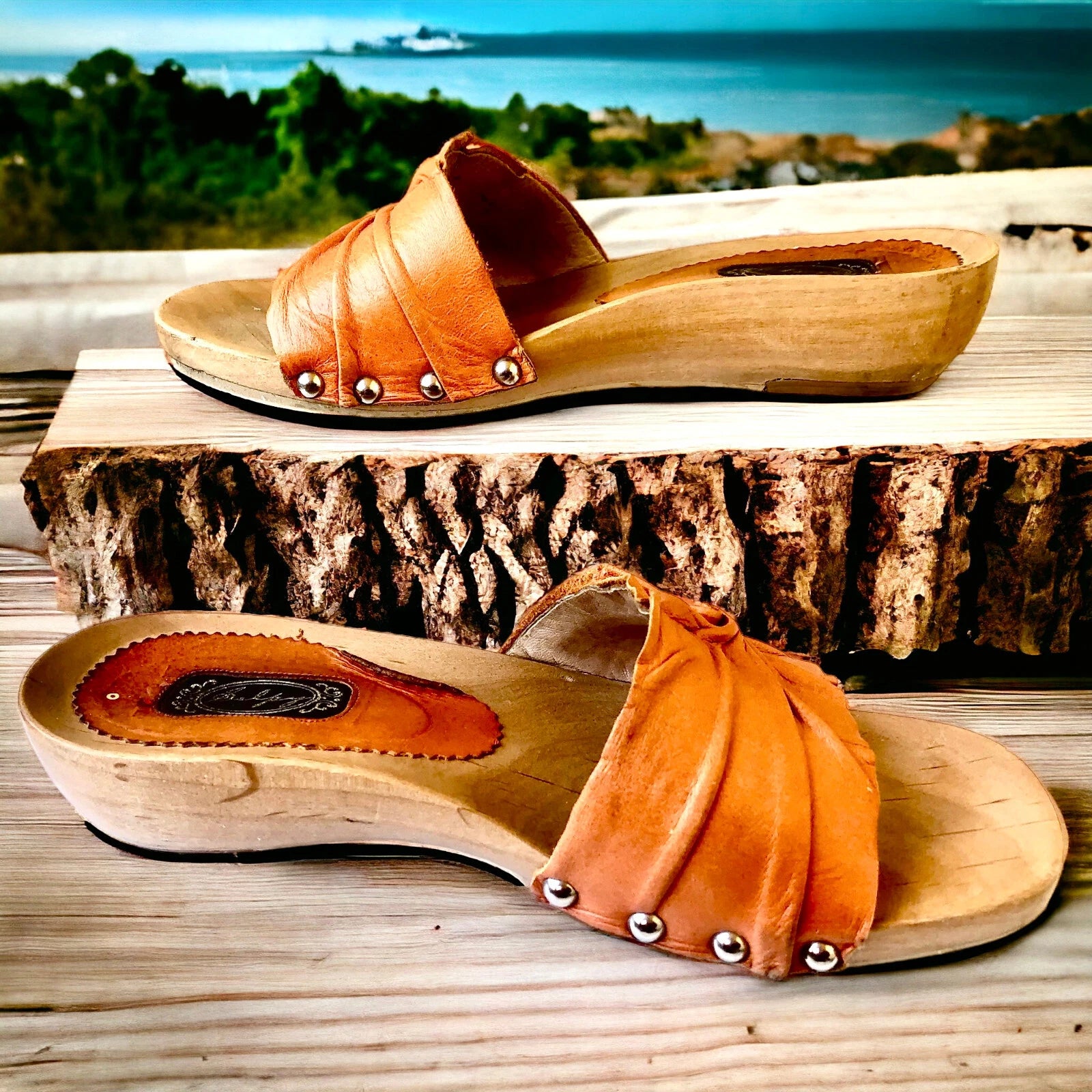SALPY Handmade Shoes Orange Leather Wooden Mule Style Anna Womens size 7