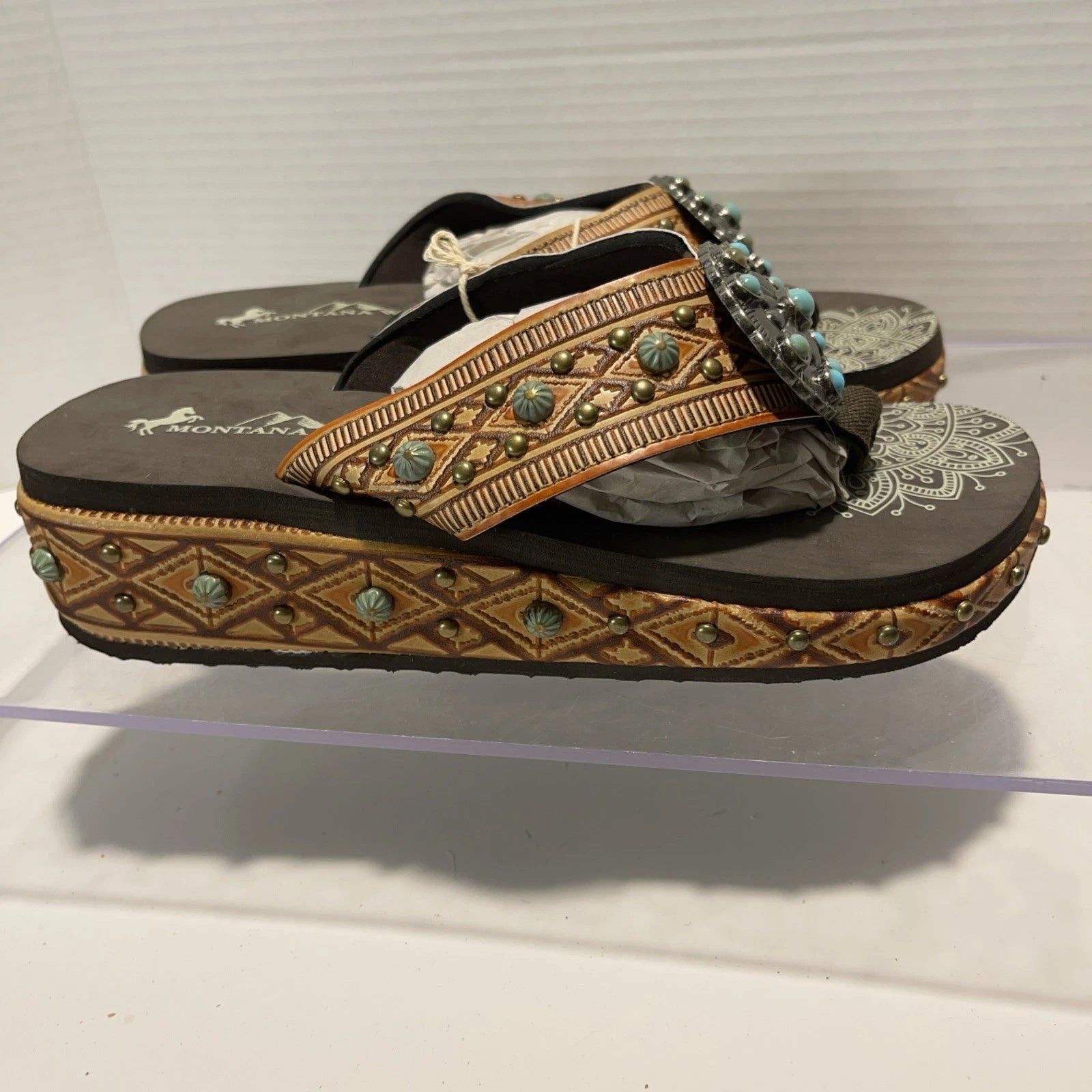 Montana West Tan/Brown Embossed Studs Western Style Wedge Sandals Sz8-8.5
