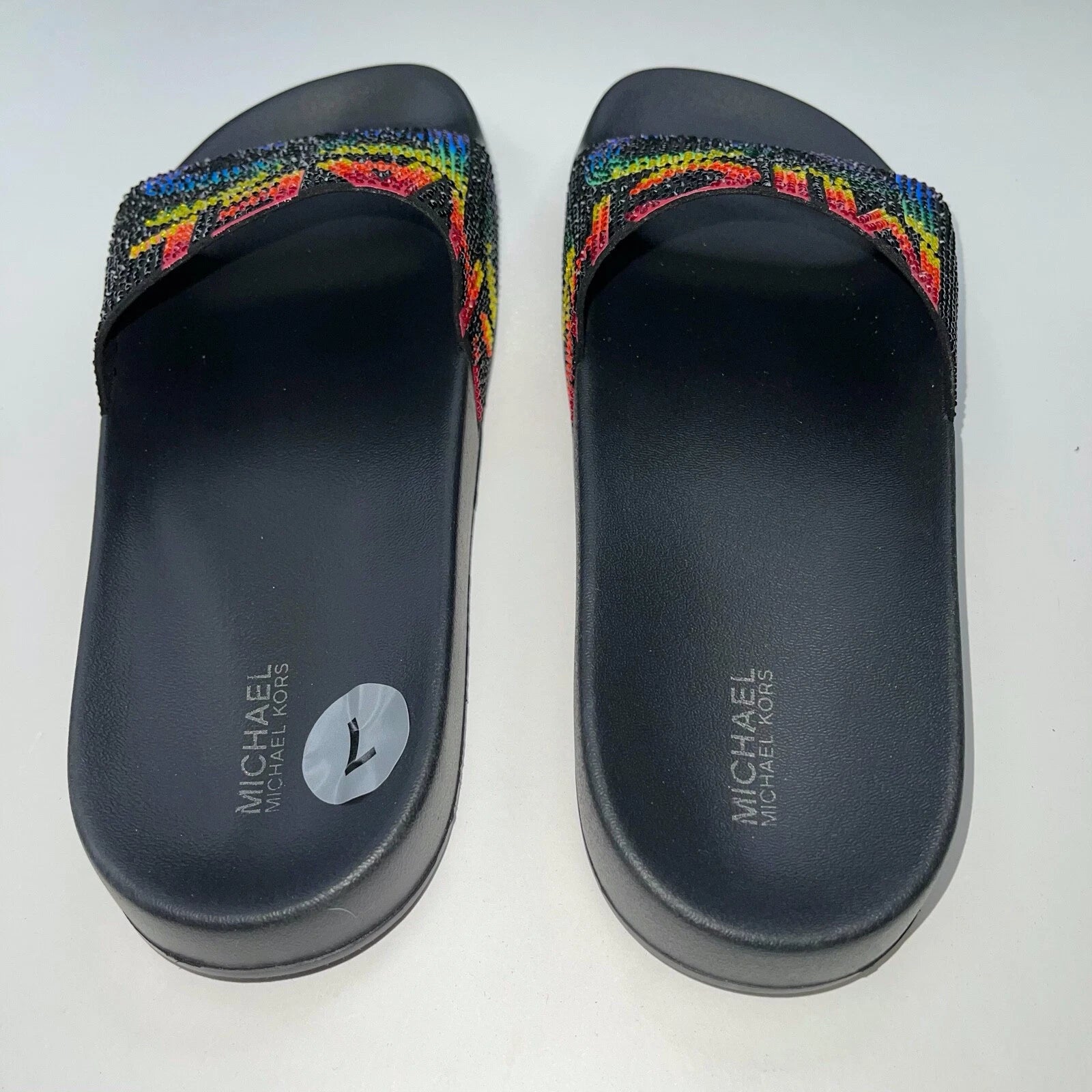 Michael Kors Slides Womens Rhinestones Rainbow Black Bling Sparkly Pride Gilmore