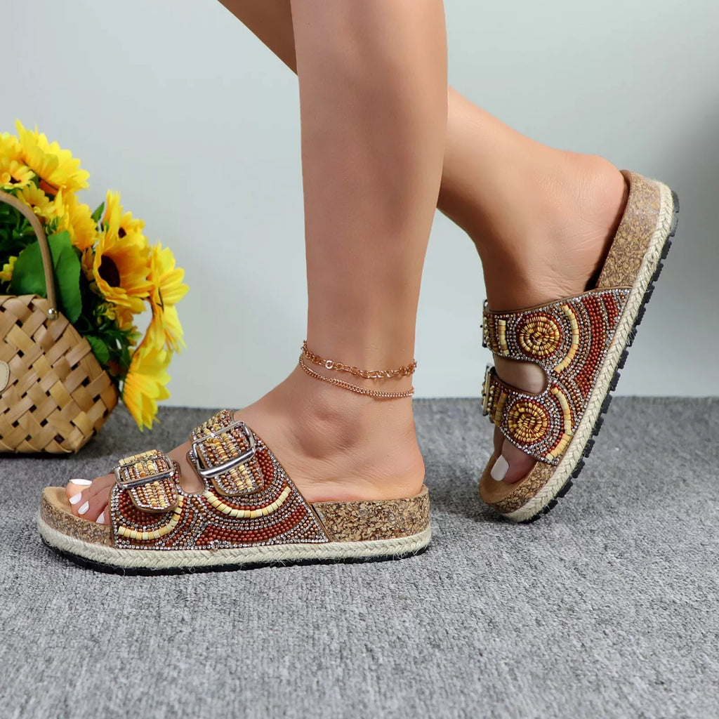 Glaze Women's Beaded Rhinestone Sandal Buckle Cork Footbed Slides Bohemian Style