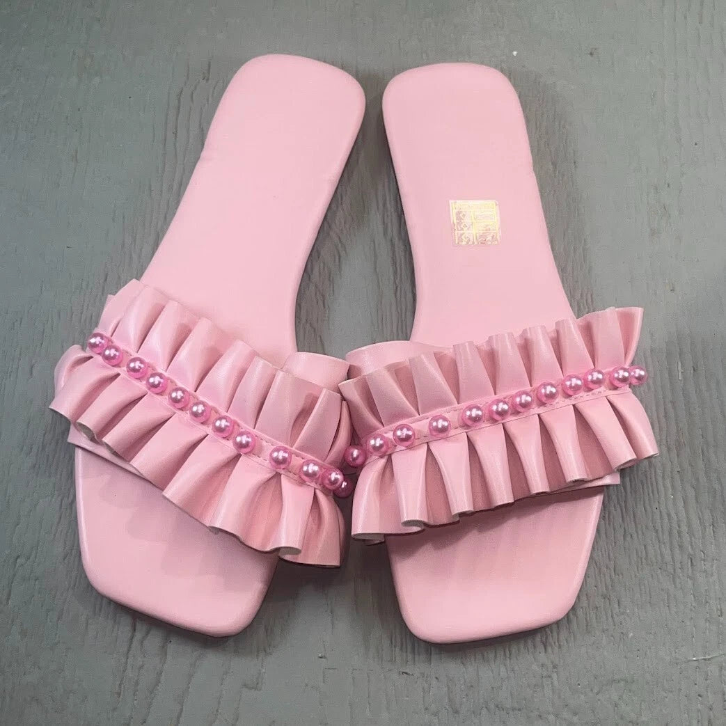 Women's Pearls Pink Ruffles Flat Dressy Sandals Fashion Square Toe Summer Beach