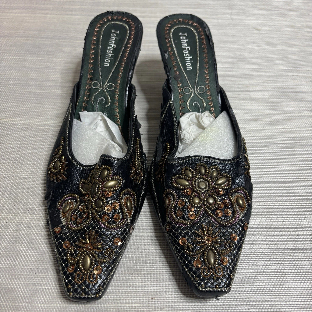 John Fashion Black Boho Beaded Sequin Slide Slip on Dress Shoes Size 9 NEW