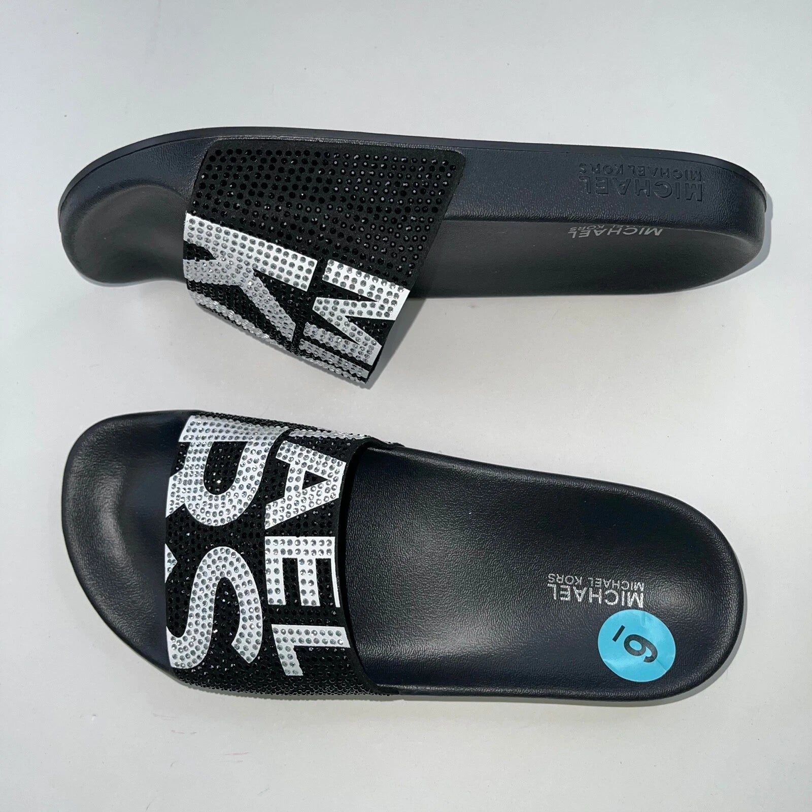 Michael Kors Slides Womens Rhinestones Rainbow Black Bling Sparkly Pride Gilmore