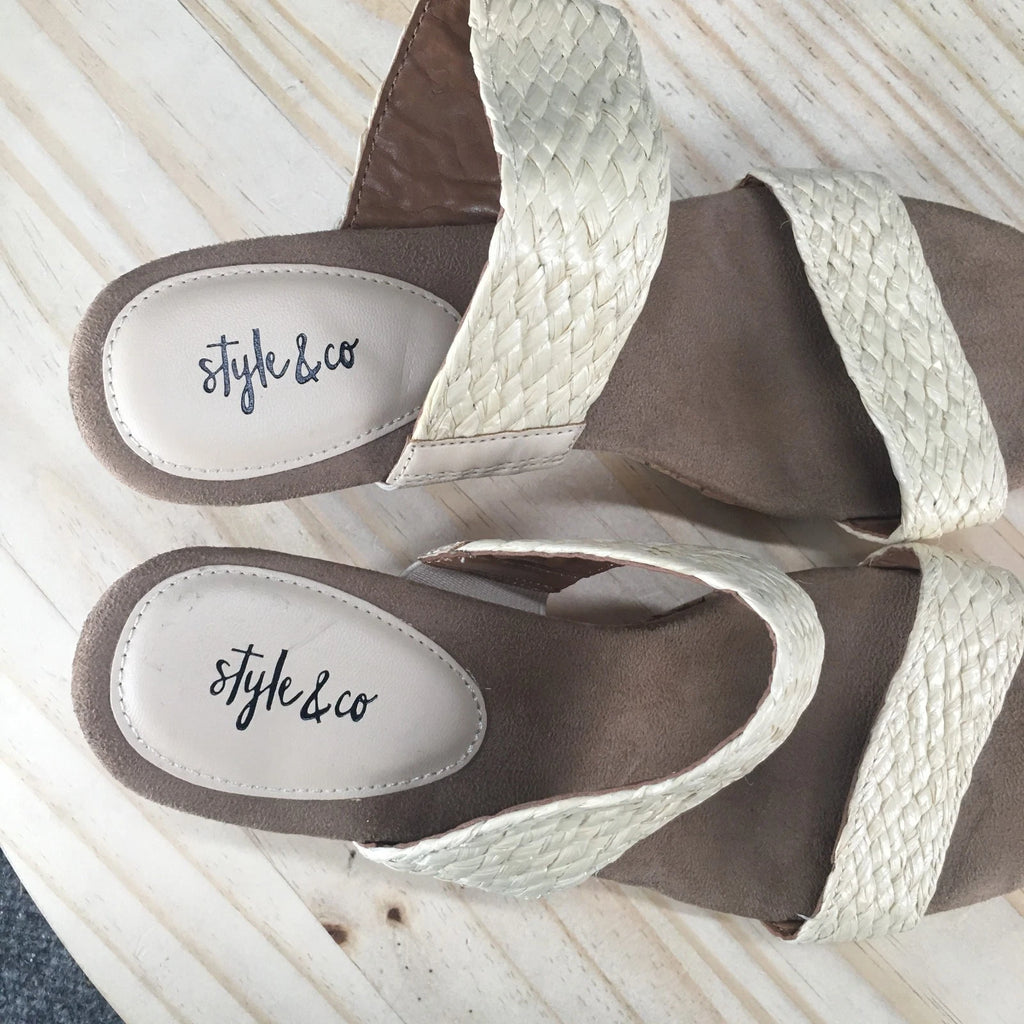 NEW Style & Co Sandals Womens 7.5 M Daliaa Cork Wedge Casual Slip On Slide Beige