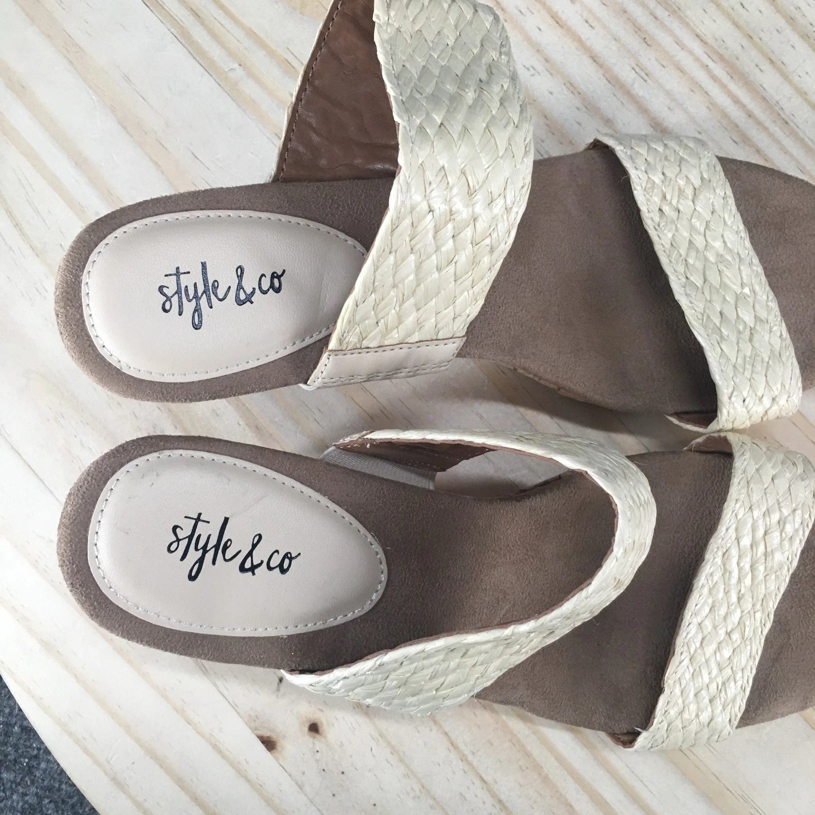 NEW Style & Co Sandals Womens 7.5 M Daliaa Cork Wedge Casual Slip On Slide Beige