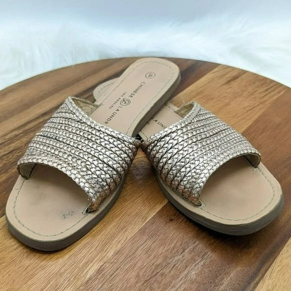 Chinese Laundry Moonshine Slide Sandals 9 Leather Rose Gold Woven Top Flat Comfy