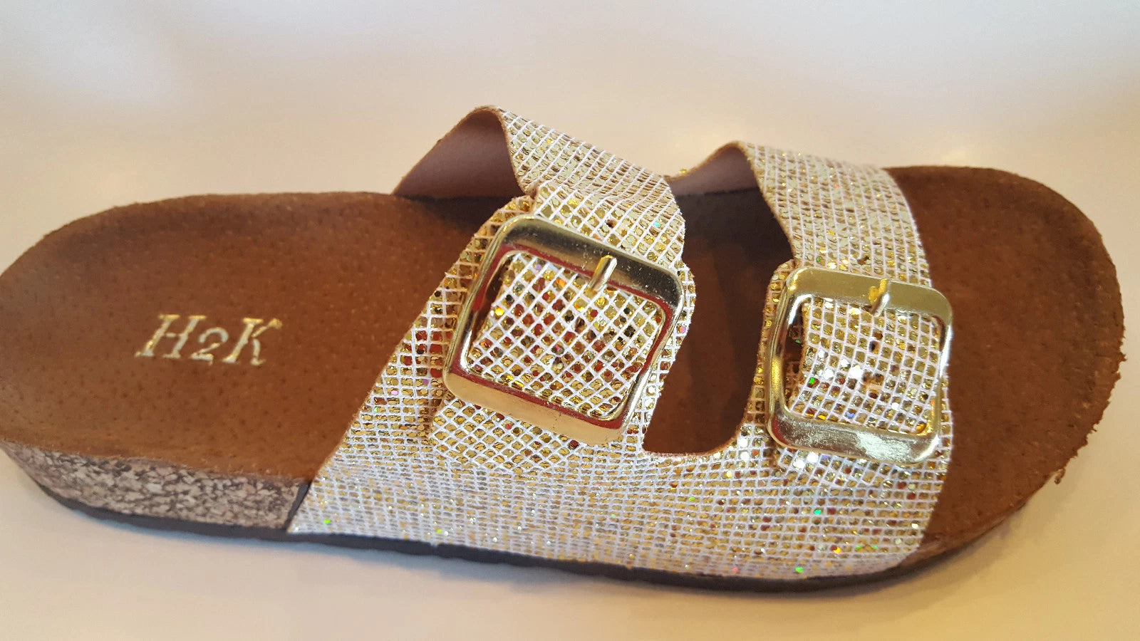H2K Karen Glitter Gold Fashion Slides Flip Flops Sandals Bling Adjustable Straps