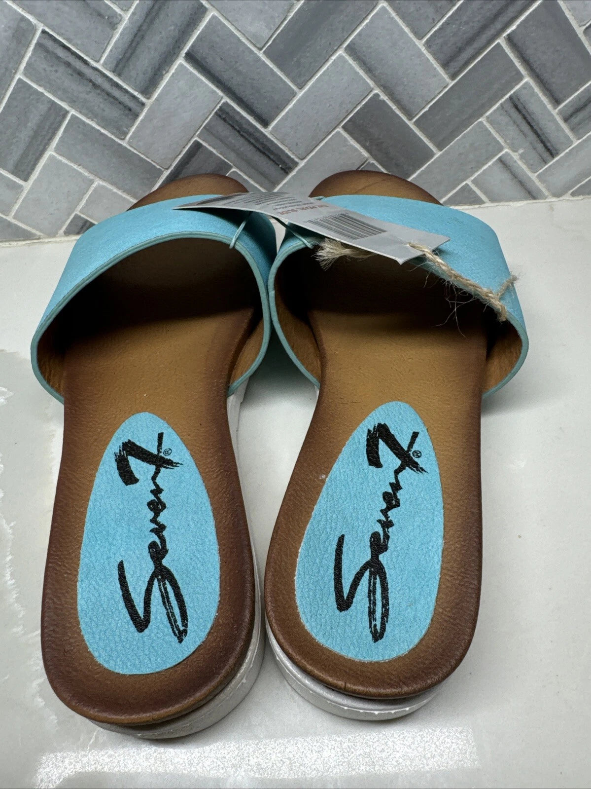 Seven7 Pearl Slide Blue Slip On Fashion Sandal Flats Shoes Womens Size 8