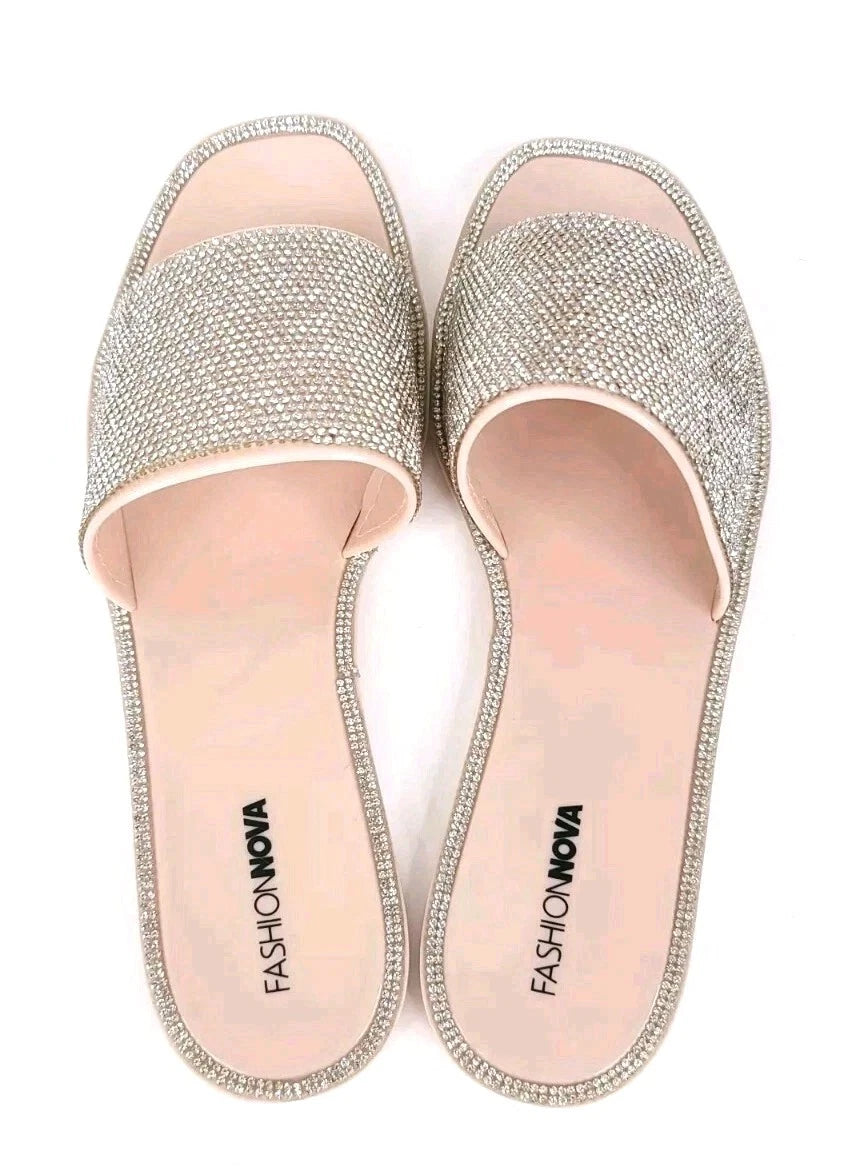 Fashion Nova Sandals Womens 10 w/ Box Flats Silver Rhinestones Slides Slip On