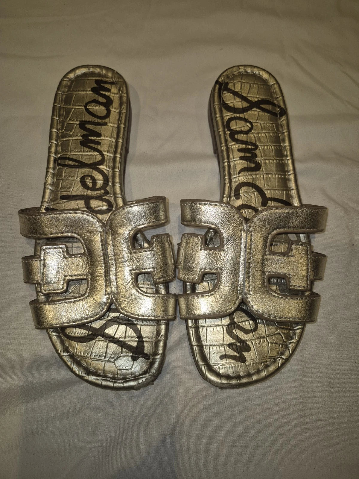 Sam Edelman Bay Slide Sandals Metallic Light Gold Leaf Leather Women’s 5.5