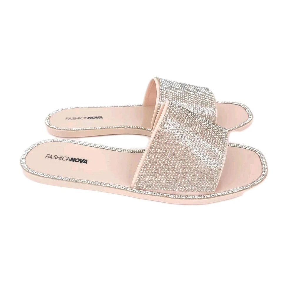 Fashion Nova Sandals Womens 10 w/ Box Flats Silver Rhinestones Slides Slip On