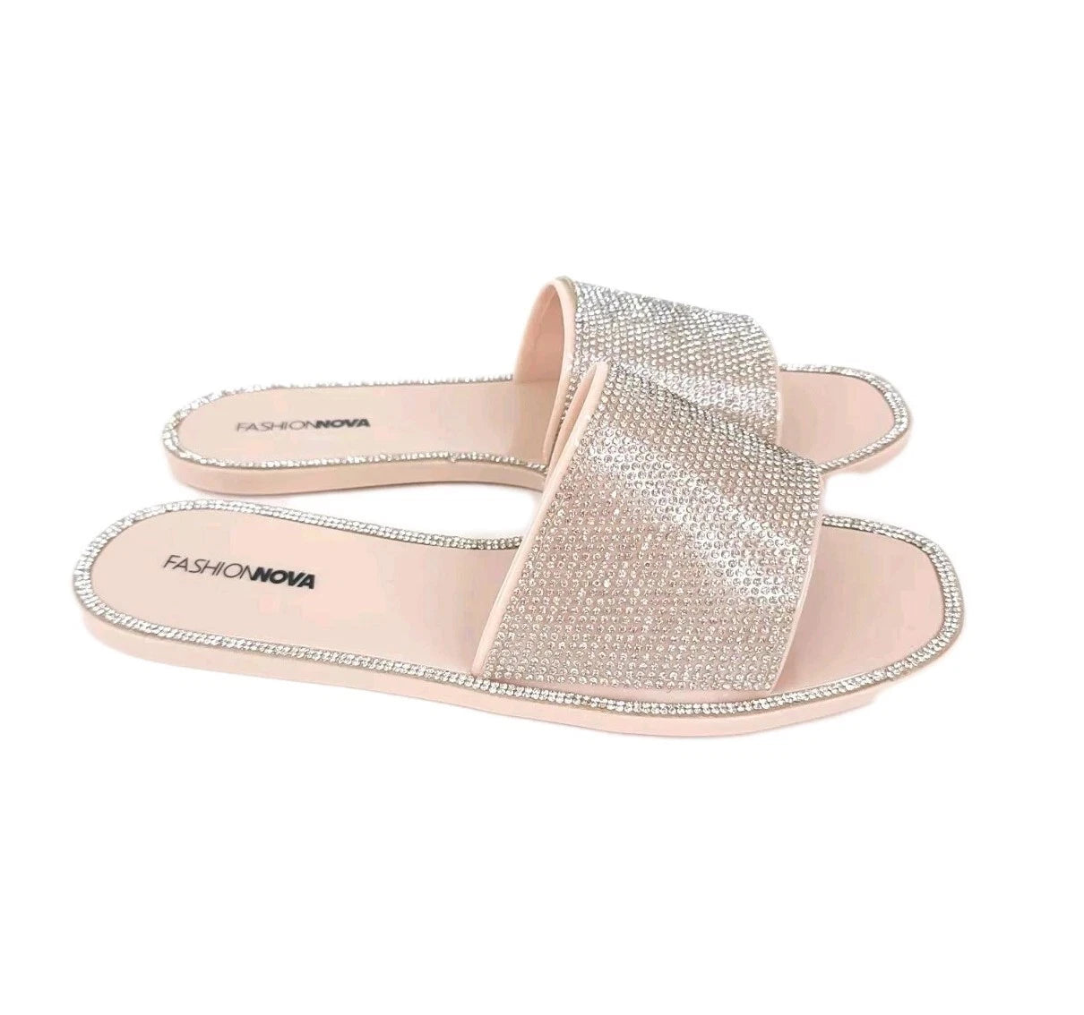 Fashion Nova Sandals Womens 10 w/ Box Flats Silver Rhinestones Slides Slip On