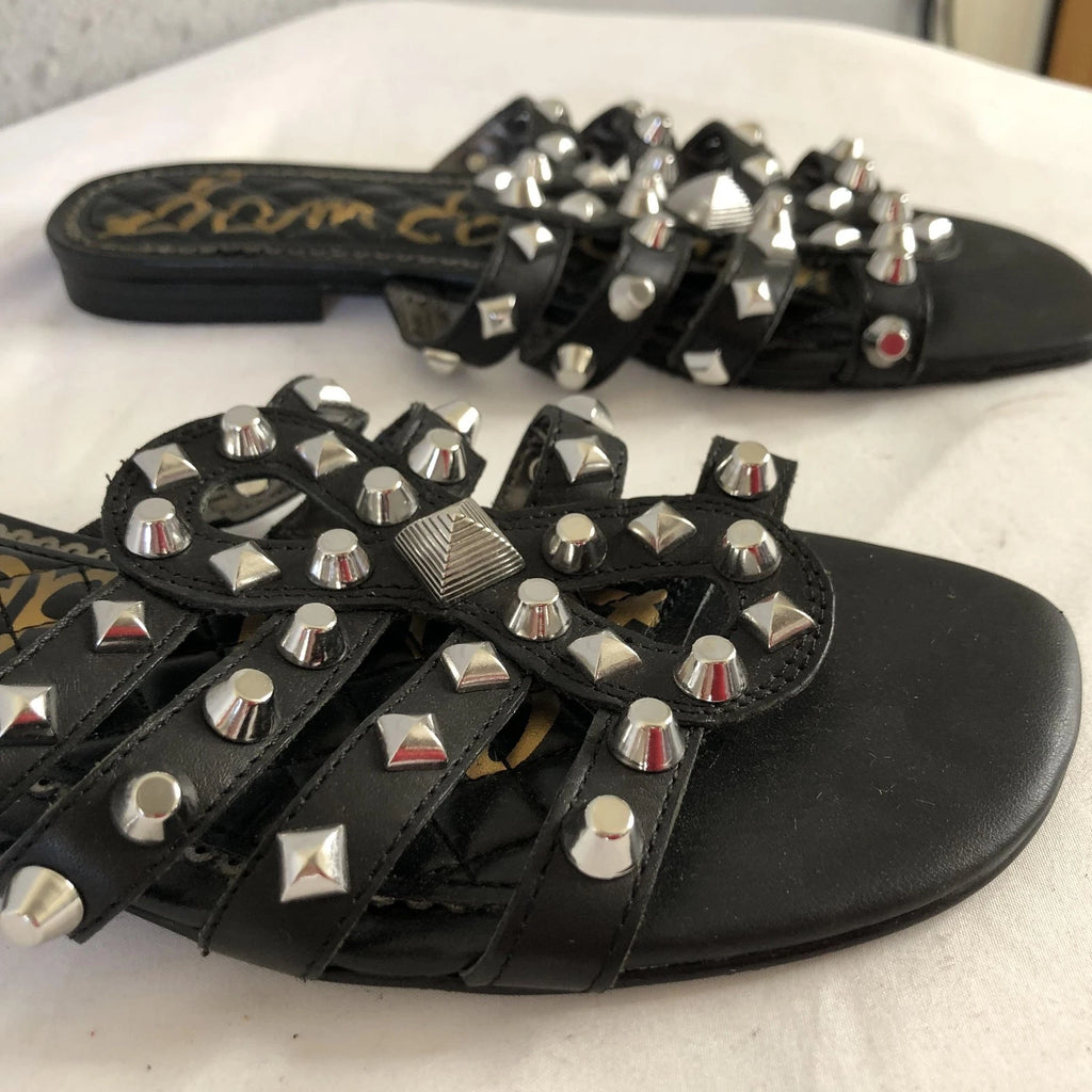 Sam Edelman Shoes Womens Size 7.5 Black Studded Leather Slides Sandals BEATRIS