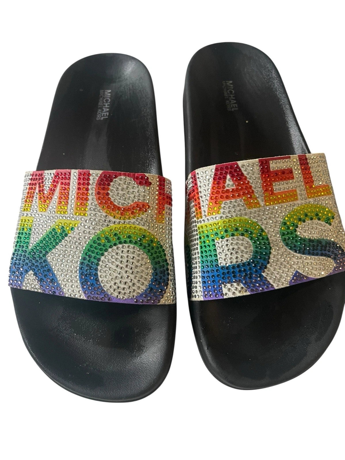 Michael Kors Slides Womens Rhinestones Rainbow   Bling Sparkly Pride Gilmore