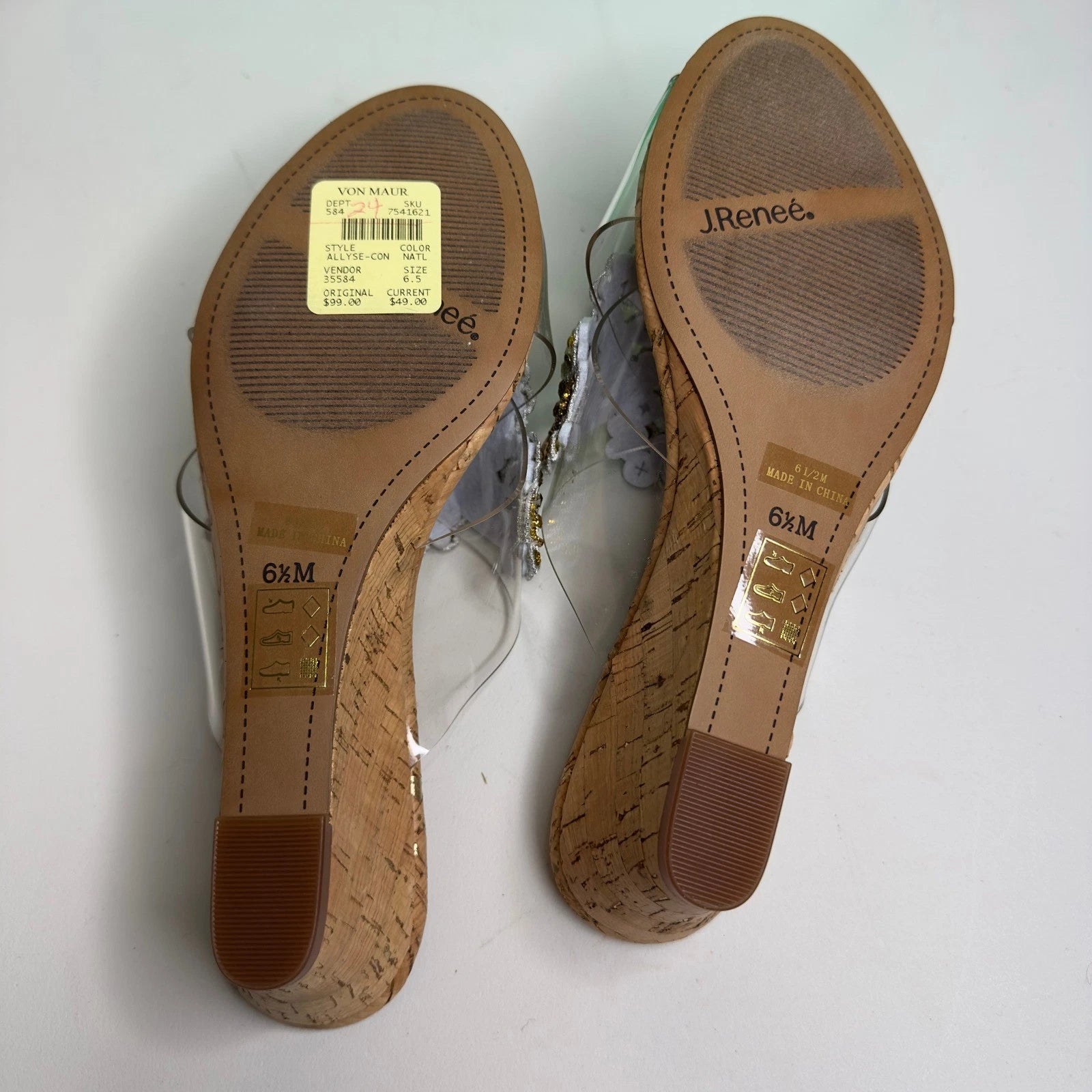 J. Renee Jeweled Cork Wedge Sandals Clear Straps Size 6.5M Party Evening
