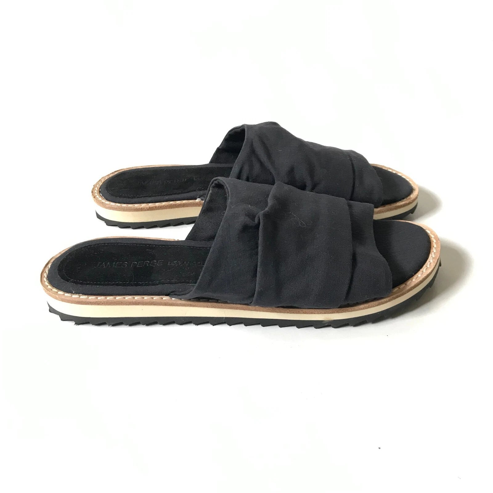 NEW James Perse Slides Sandals Mules Womens 6 Black Fabric Flats Open Toe Shoes