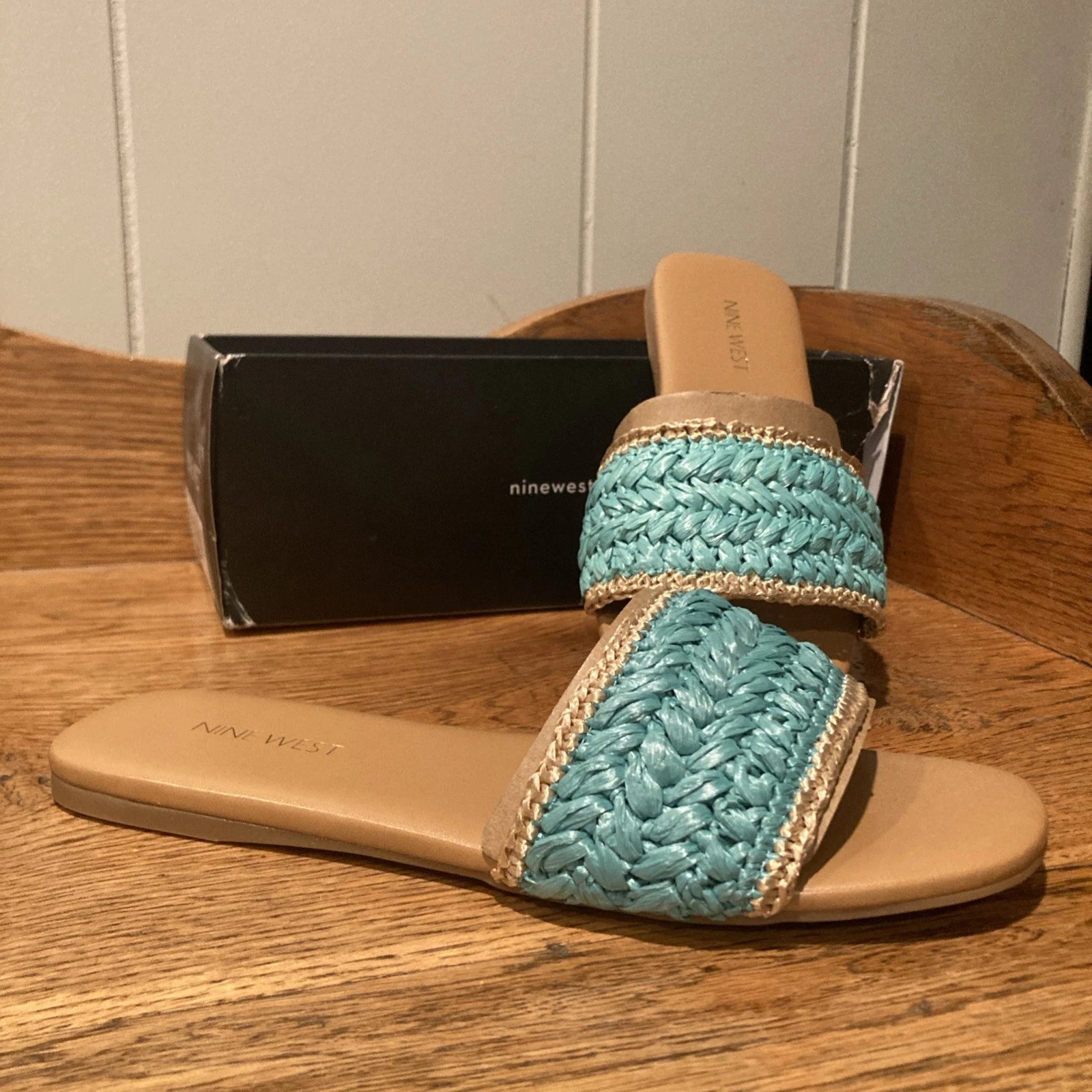 Nine West Women’s Size 7.5M Lolen5 Light Blue Slide Sandals Bohemian Style NWT