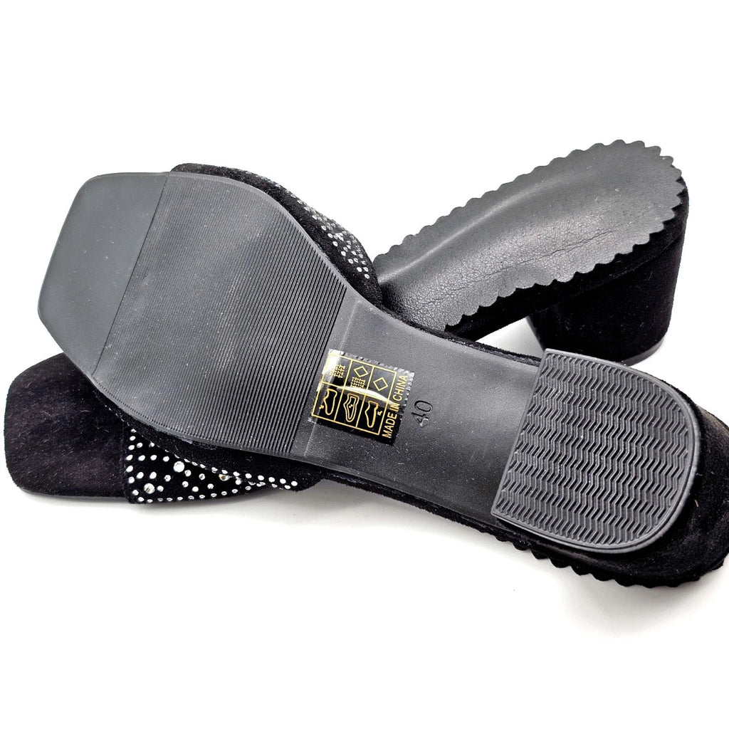 Black Rhinestone Slide Sandals Size 9 US (EU 40) – Square Toe Low Block Heel