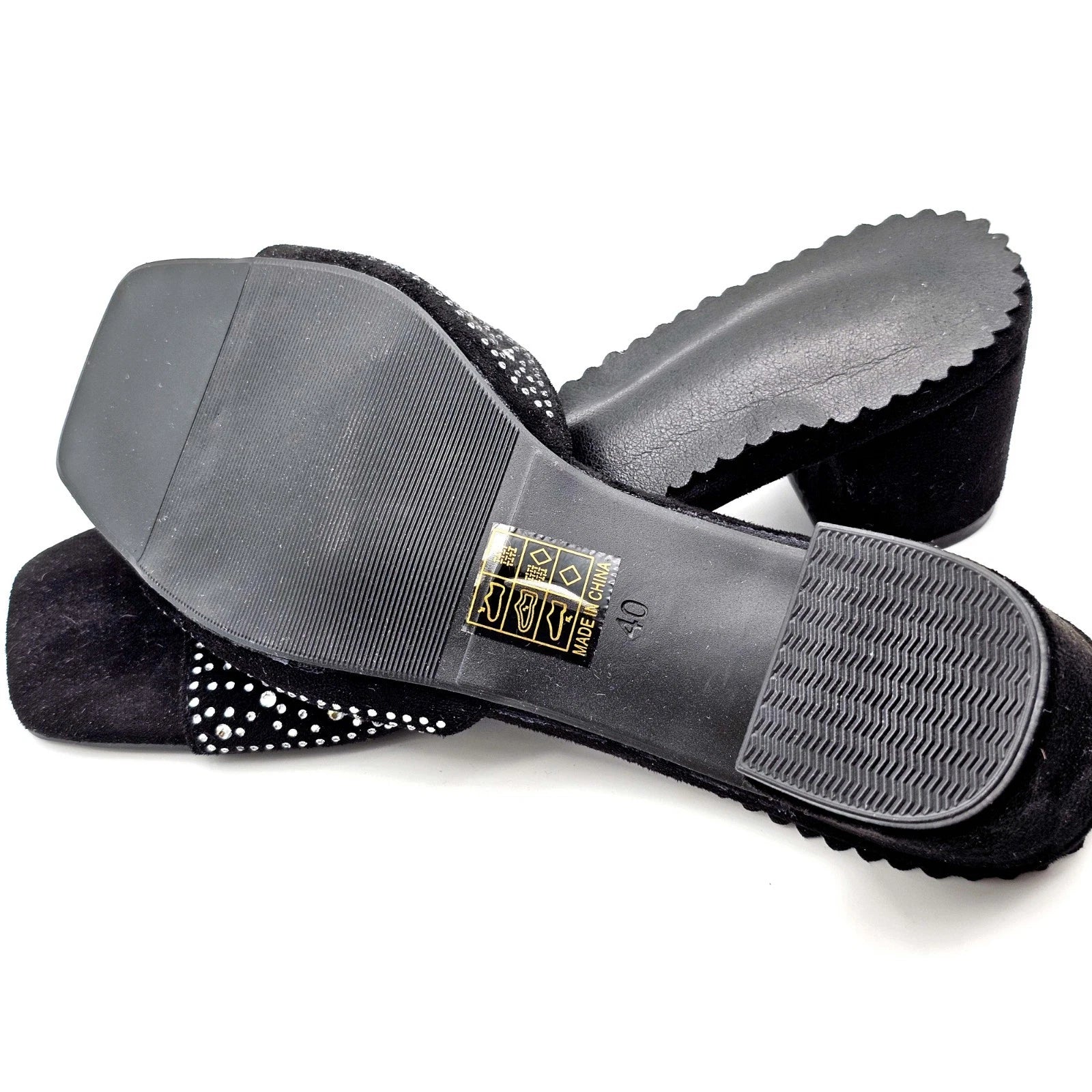 Black Rhinestone Slide Sandals Size 9 US (EU 40) – Square Toe Low Block Heel
