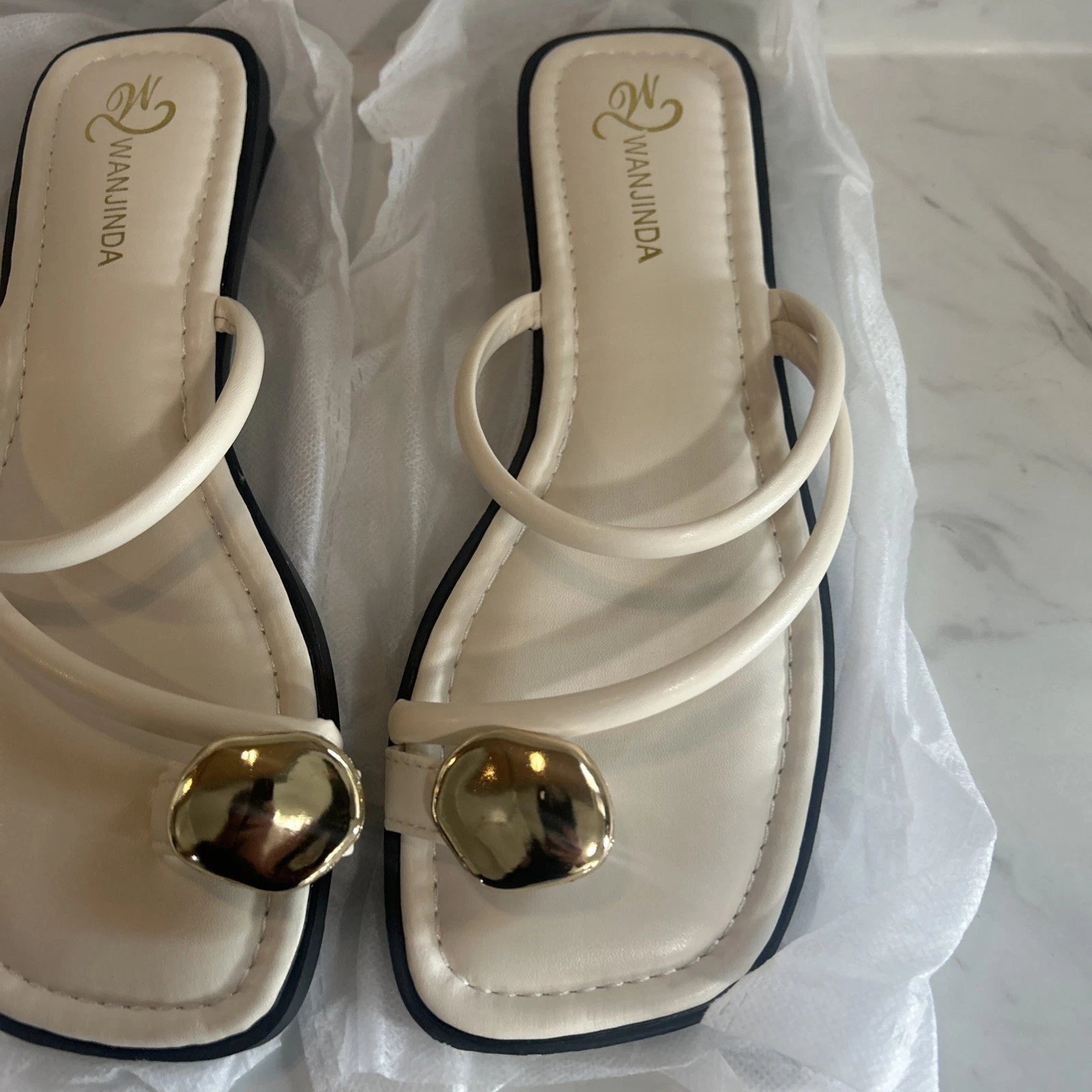 Women's Leather Strappy Metal Toe Ring Slides Sandals Fashion Comfortable Ope...