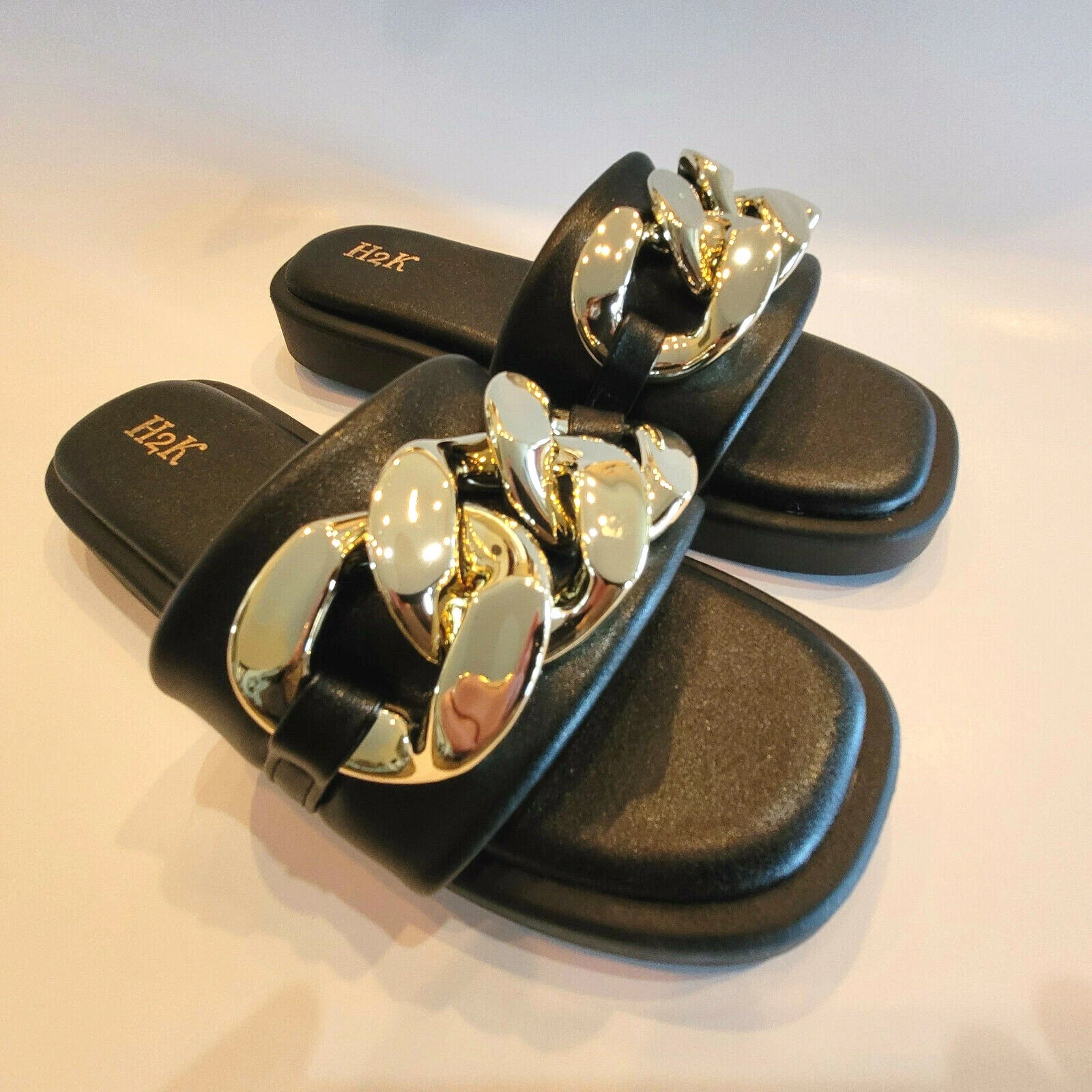 H2K Chain Black Fashion Comfort Soft Slides Flip Flops Sandals  Open Toe New