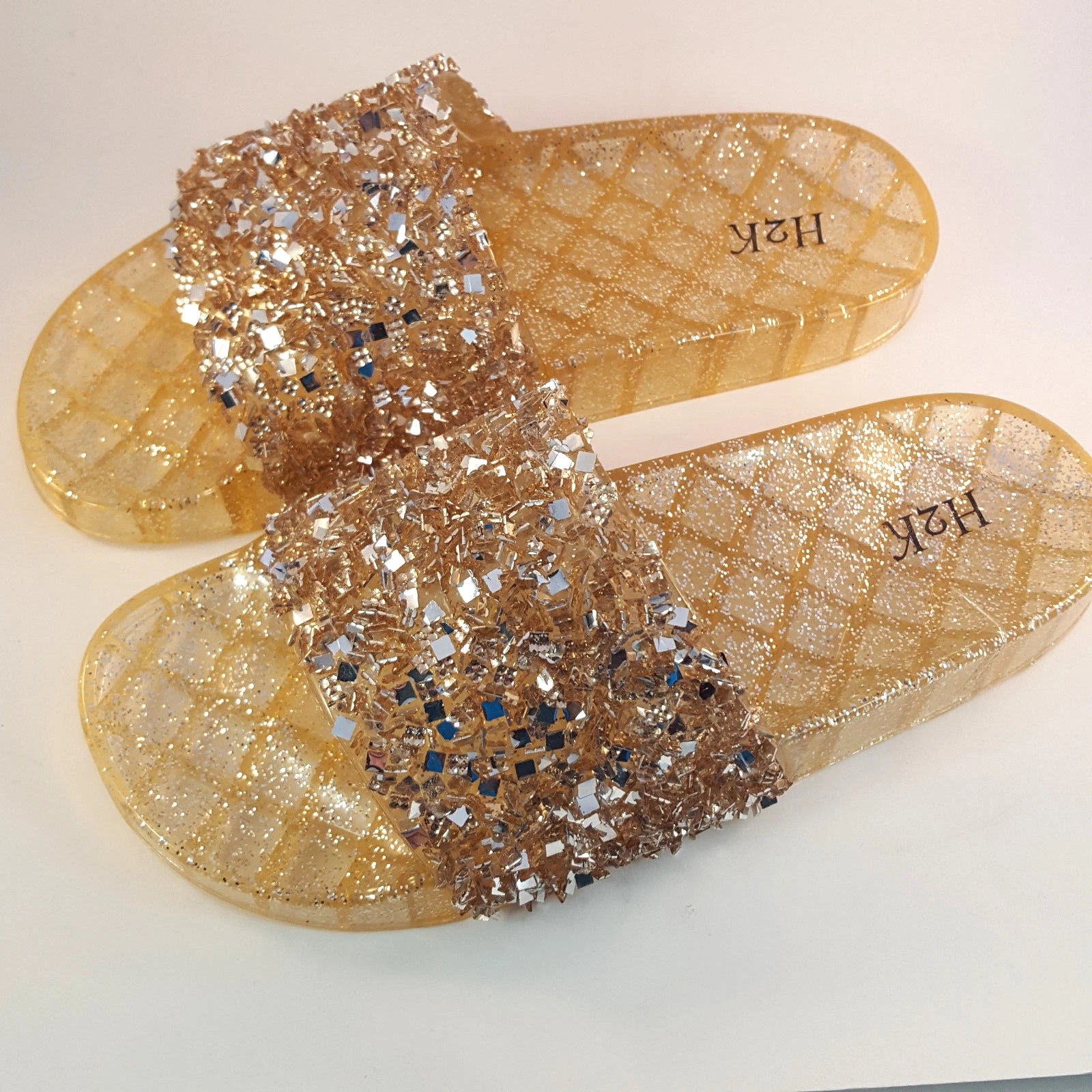 H2K CANDY Rose Gold Color Glitter Beads Fashion Slides Flip Flops Sandals Bling