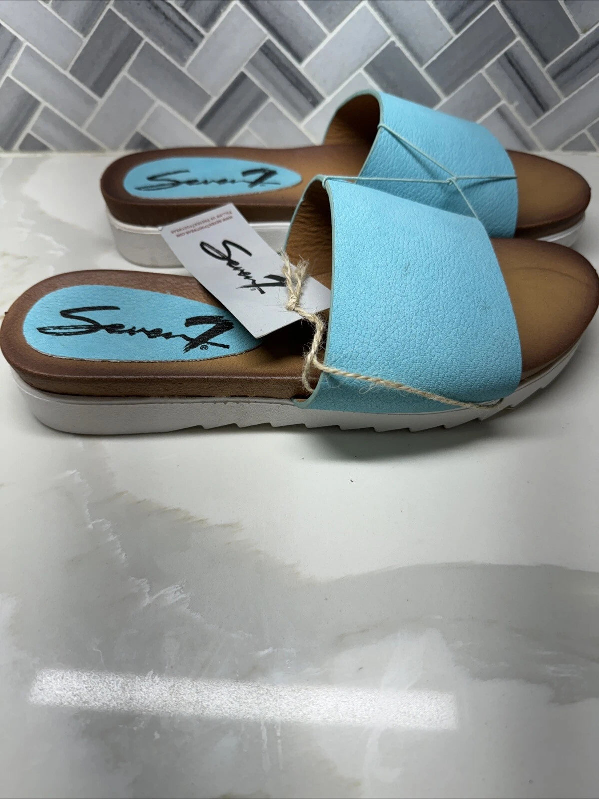 Seven7 Pearl Slide Blue Slip On Fashion Sandal Flats Shoes Womens Size 8