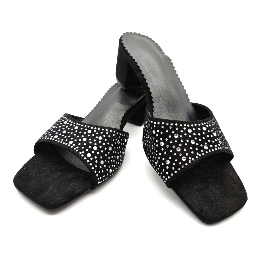 Black Rhinestone Slide Sandals Size 9 US (EU 40) – Square Toe Low Block Heel
