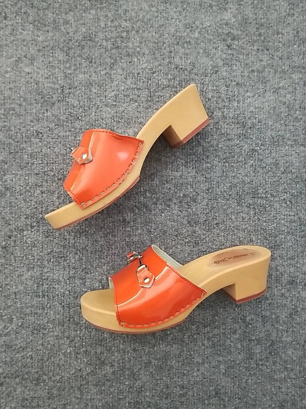 Made in Italy Women Clogs Size US 6M Orange Open Toe Wooden Look Silver Buckle*