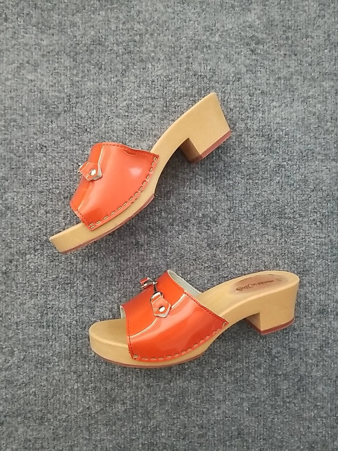 Made in Italy Women Clogs Size US 6M Orange Open Toe Wooden Look Silver Buckle*