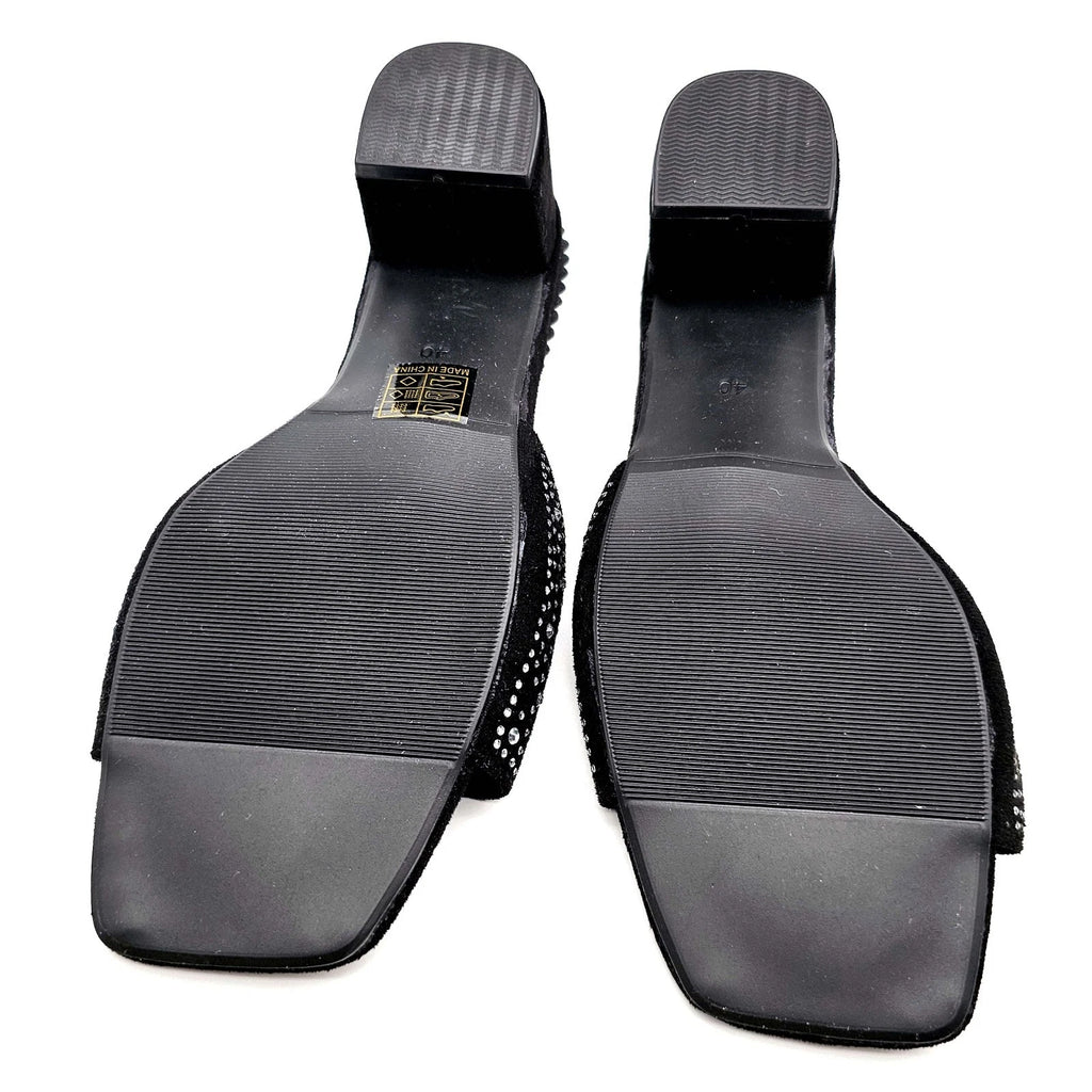 Black Rhinestone Slide Sandals Size 9 US (EU 40) – Square Toe Low Block Heel