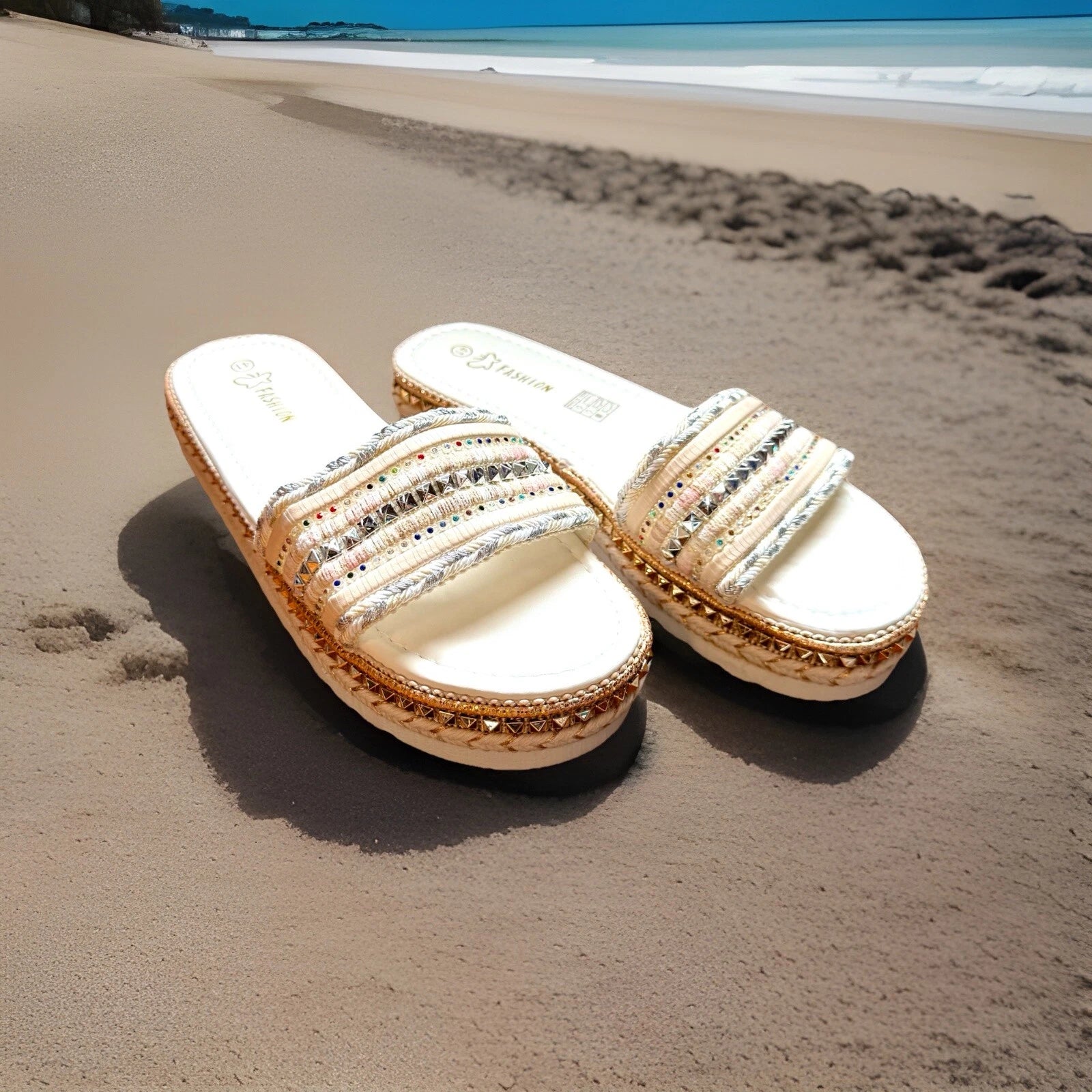 Summer Fashion Slides Sandals Women’s Size 10-10.5  New White Bling 1.25” Sole