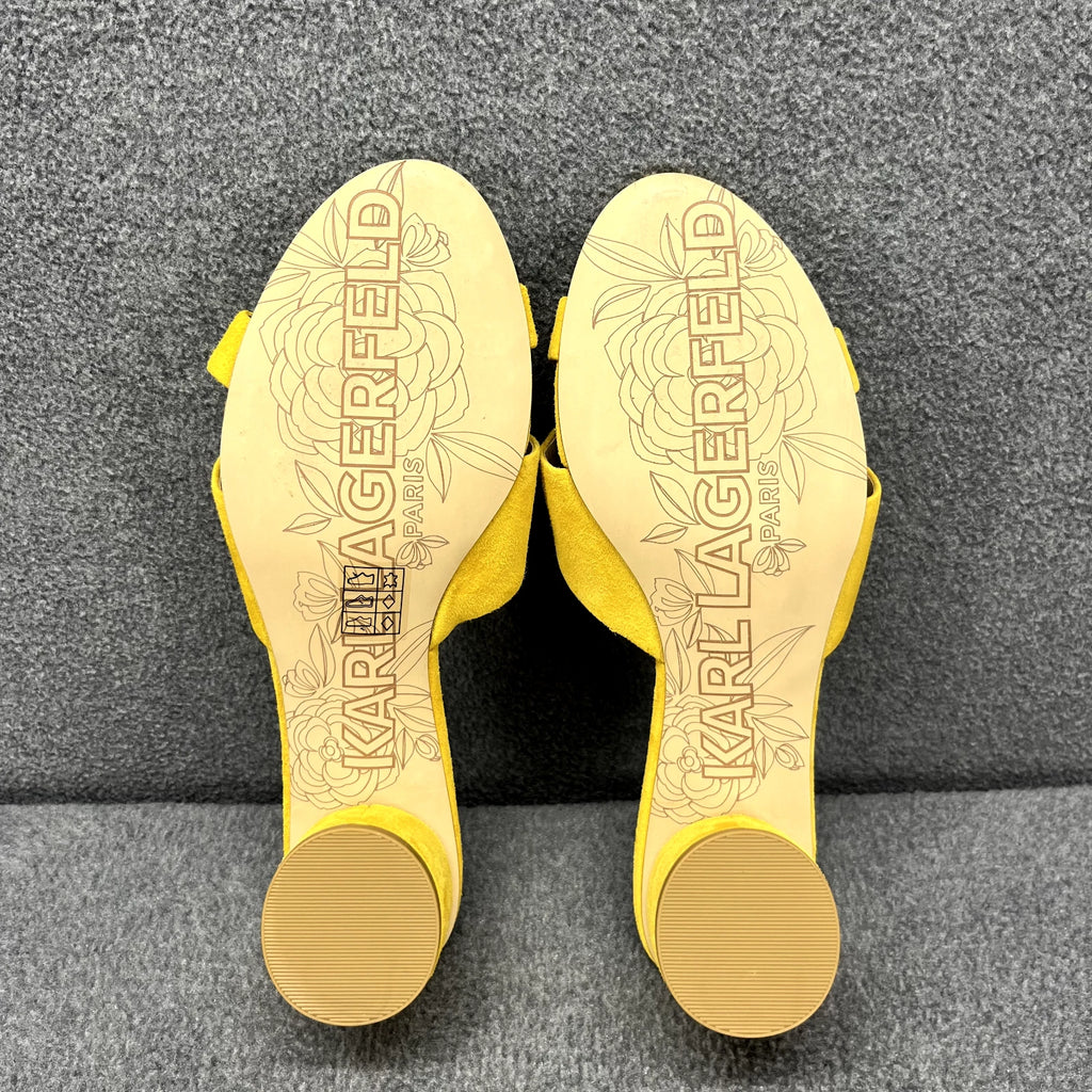 Karl Lagerfeld Sandals Women 7 M Yellow Suede Fawn Canary Slide 2" Block Heel
