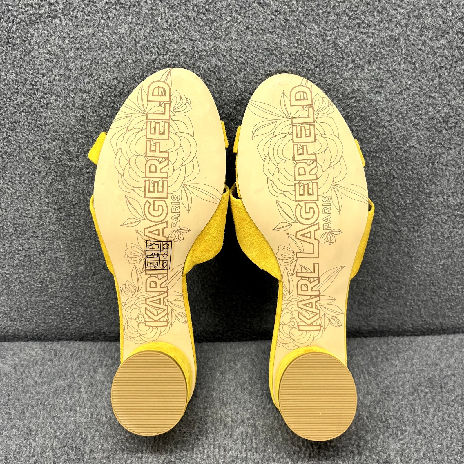 Karl Lagerfeld Sandals Women 7 M Yellow Suede Fawn Canary Slide 2" Block Heel
