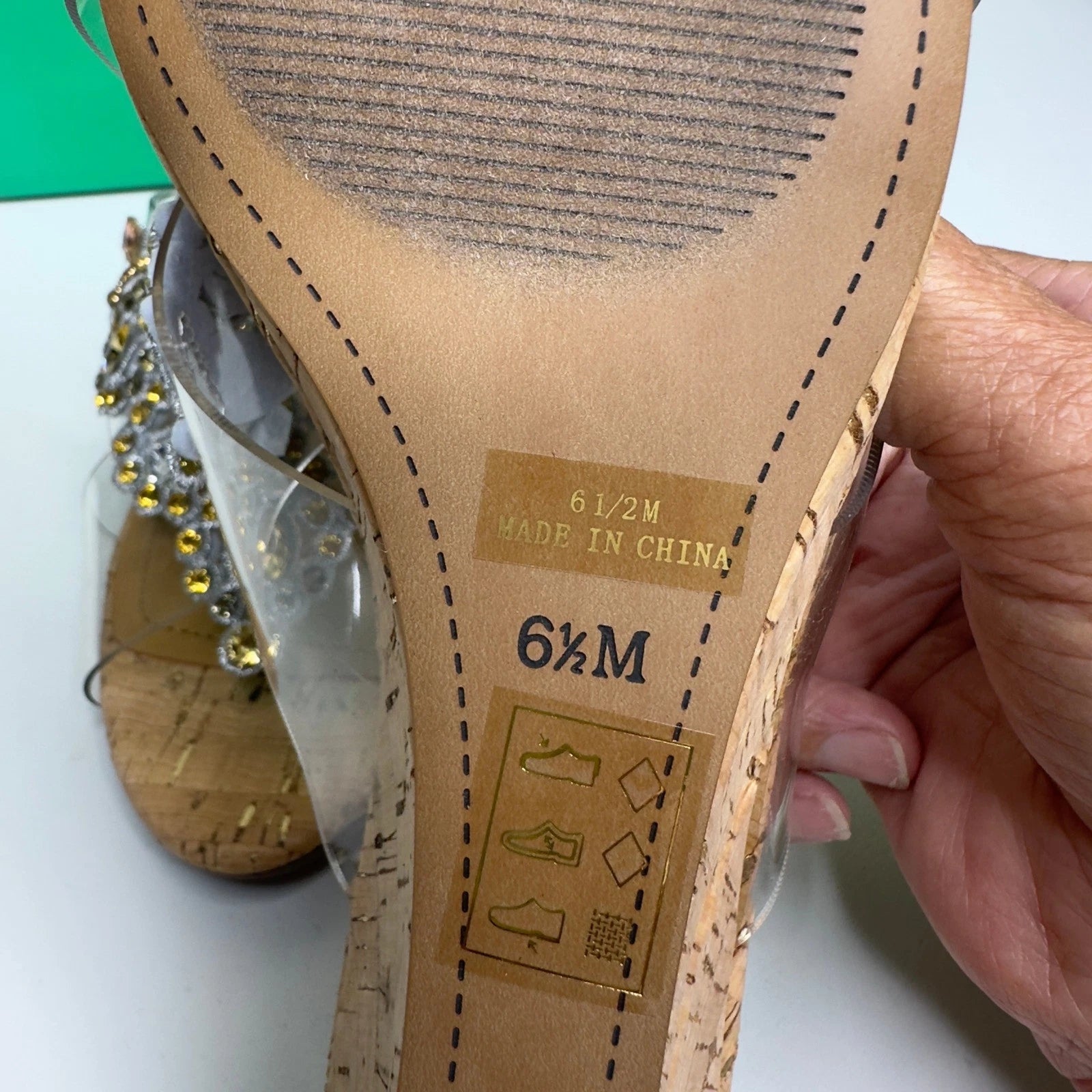J. Renee Jeweled Cork Wedge Sandals Clear Straps Size 6.5M Party Evening