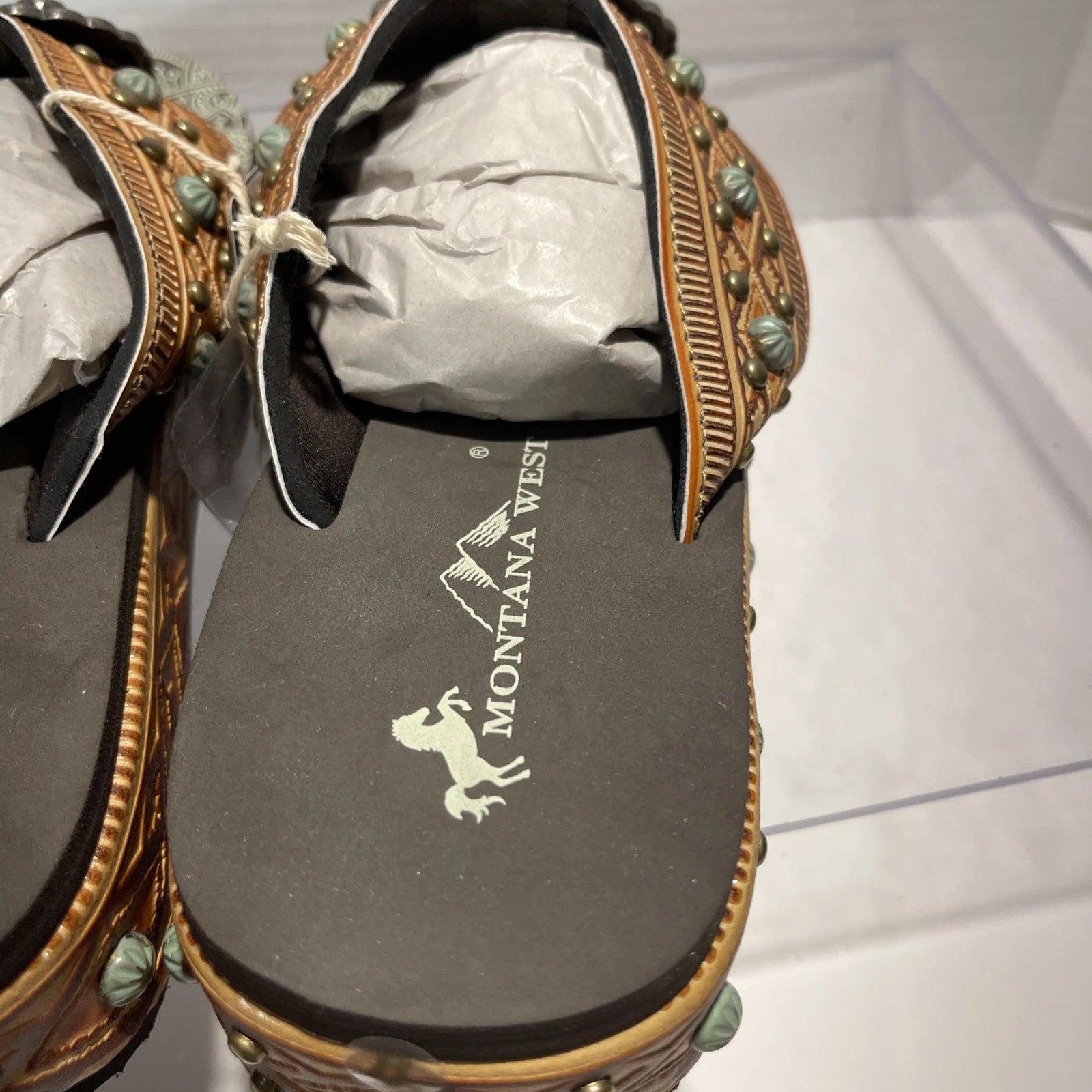 Montana West Tan/Brown Embossed Studs Western Style Wedge Sandals Sz8-8.5