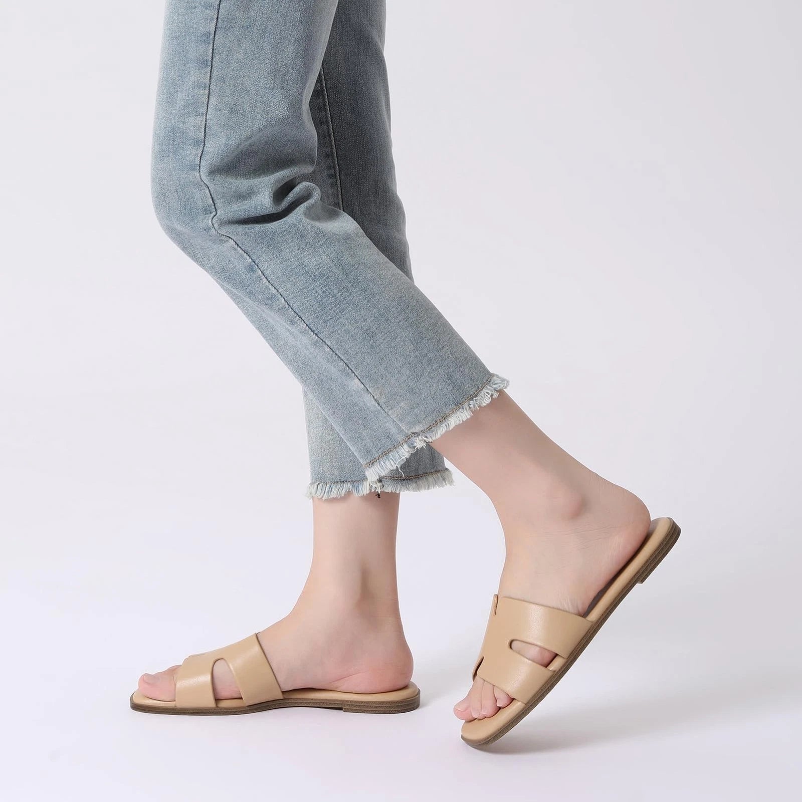 Women's Comfortable Leather Slide Sandals, Dressy Flat Slip-On, Tan