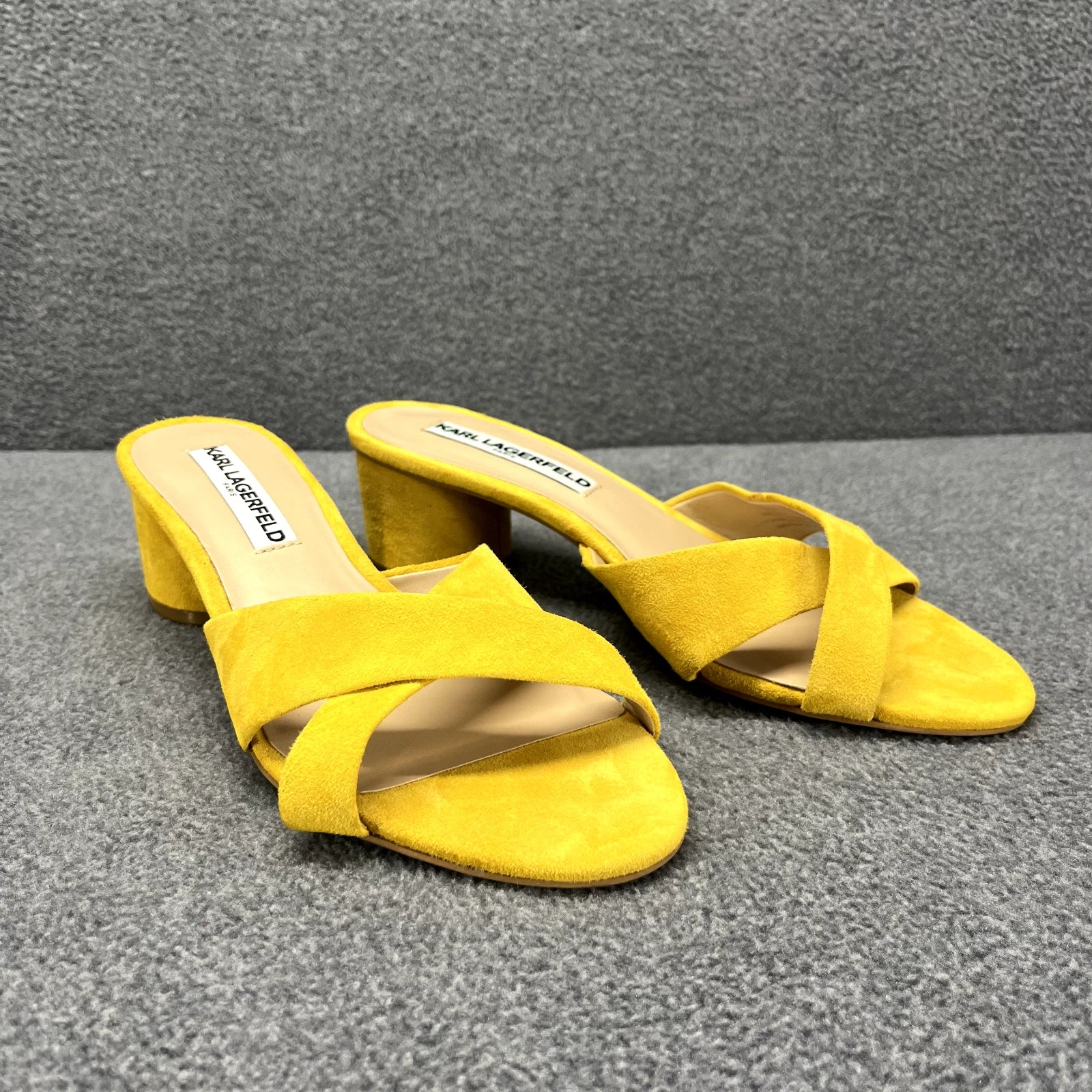 Karl Lagerfeld Sandals Women 7 M Yellow Suede Fawn Canary Slide 2" Block Heel