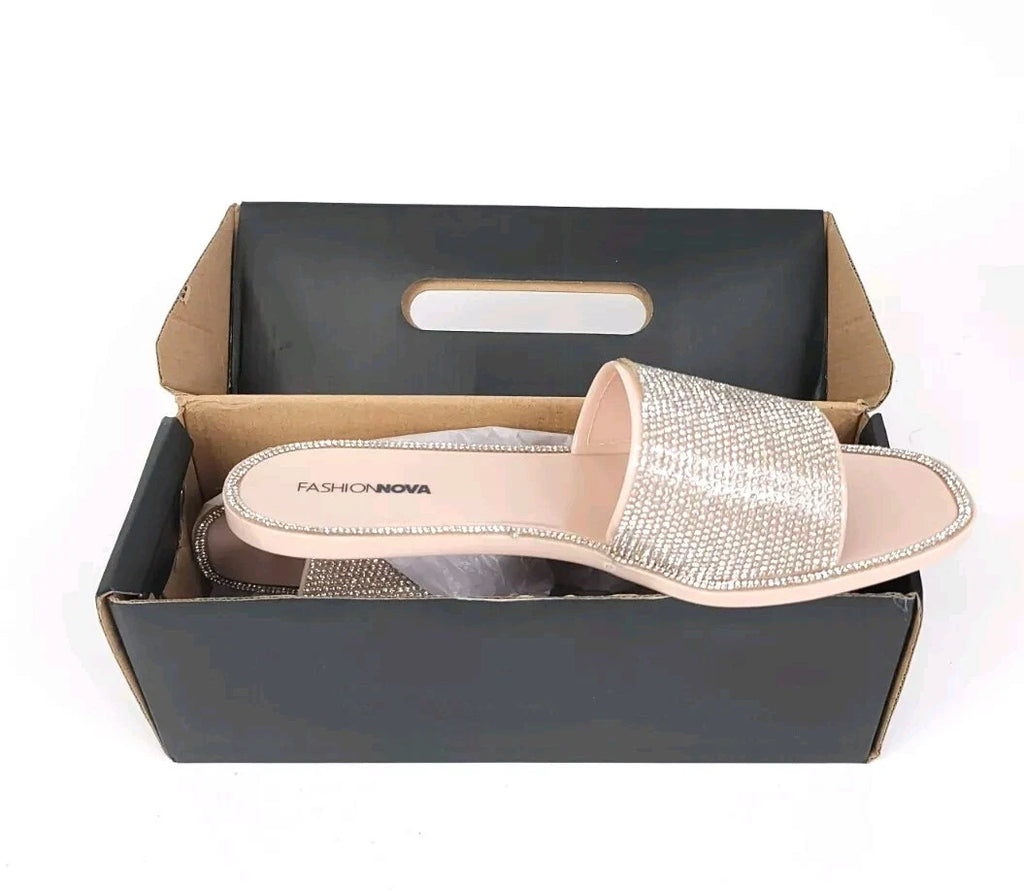 Fashion Nova Sandals Womens 10 w/ Box Flats Silver Rhinestones Slides Slip On