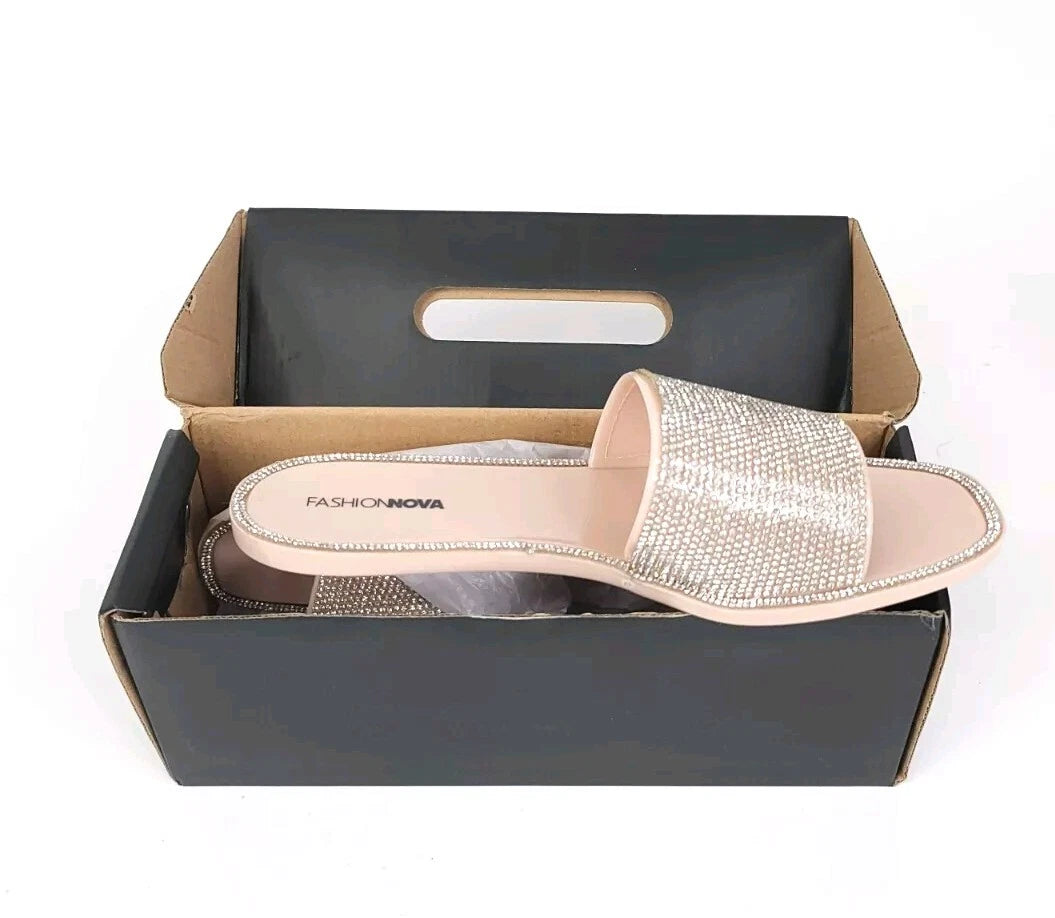 Fashion Nova Sandals Womens 10 w/ Box Flats Silver Rhinestones Slides Slip On