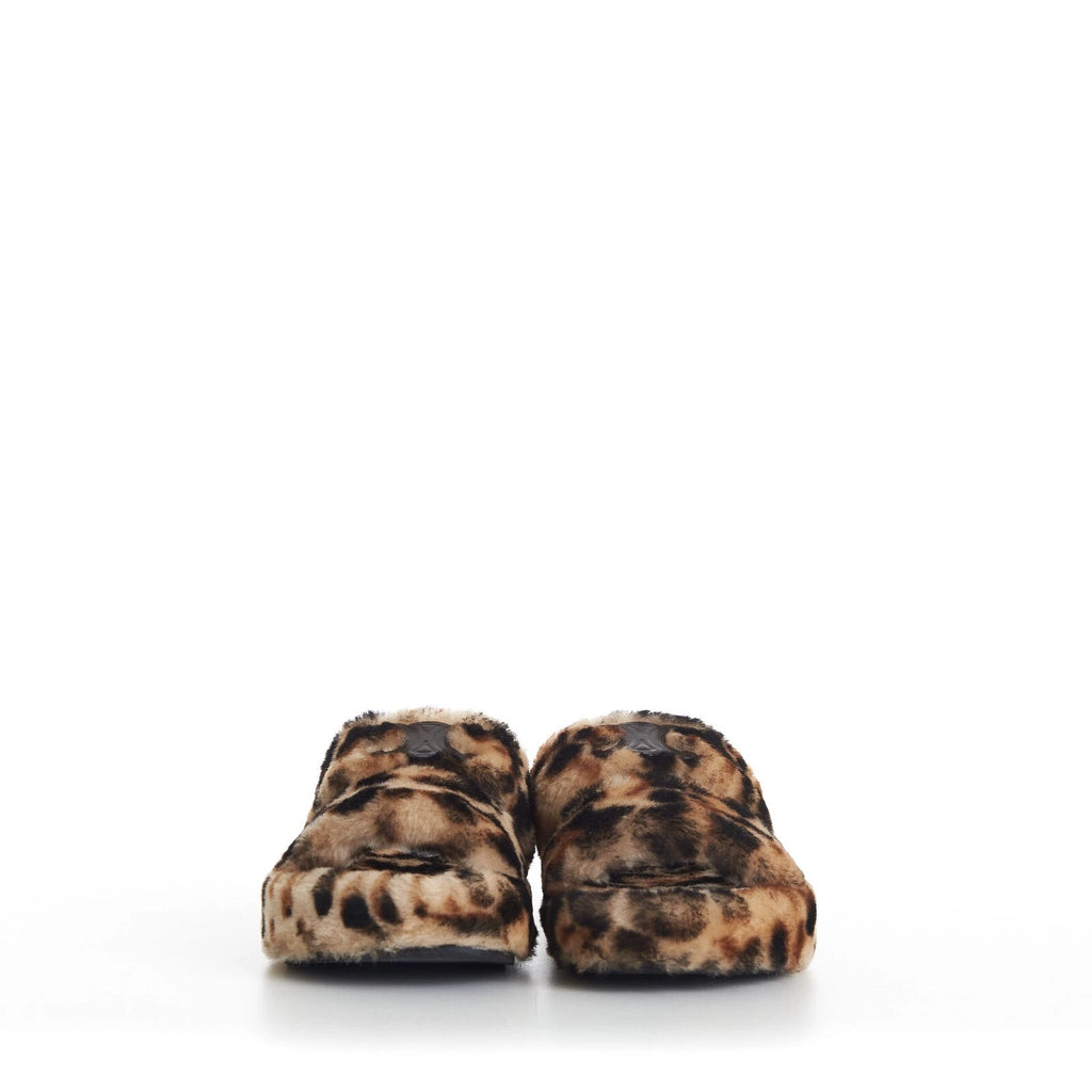 CELINE 990$ Shearling Fur Slide Sandals - Leopard Pattern