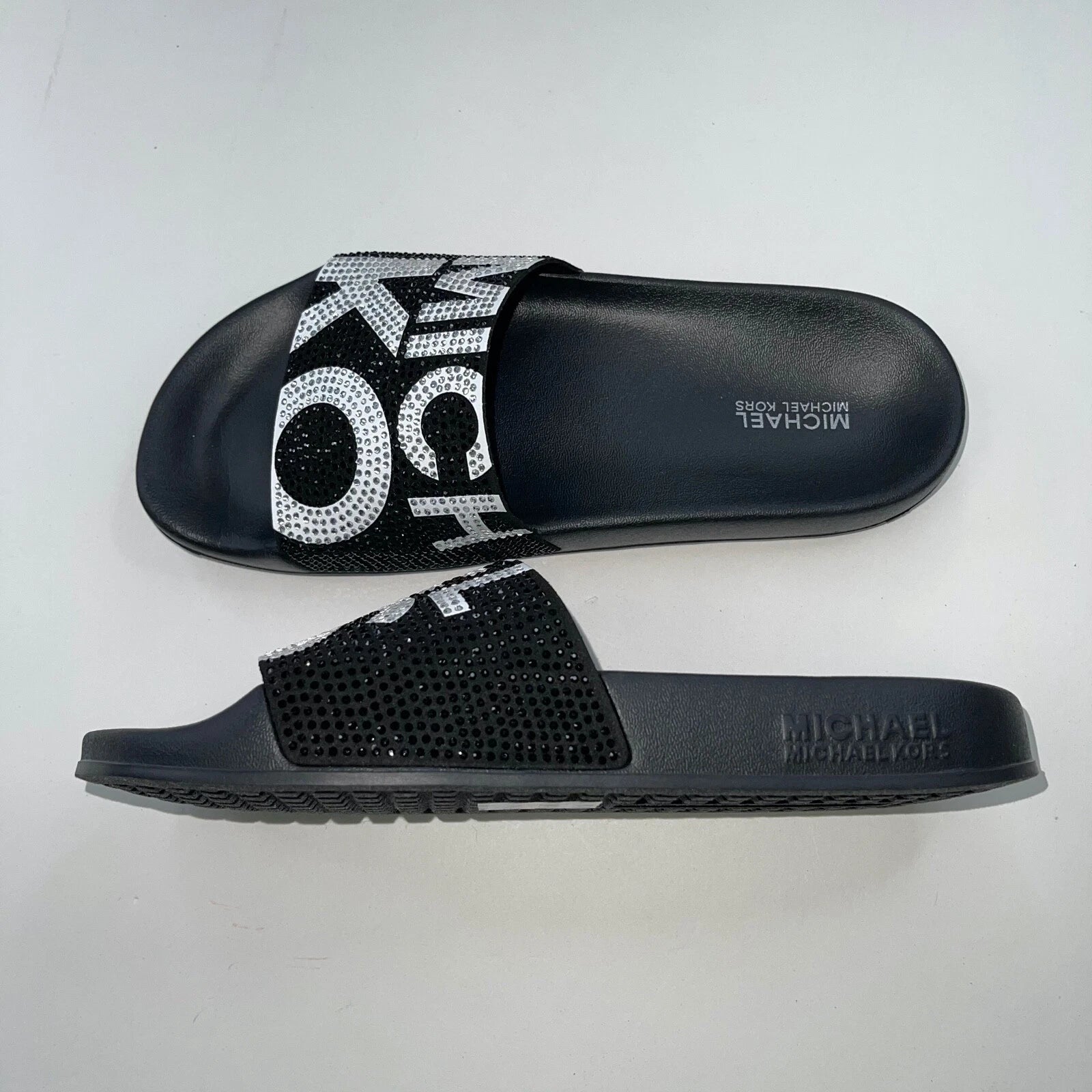 Michael Kors Slides Womens Rhinestones Rainbow Black Bling Sparkly Pride Gilmore