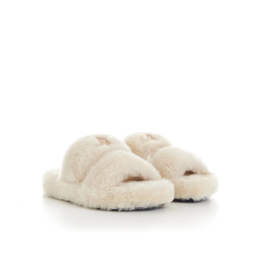 CELINE 870$ Triomphe Open Shearling Fur Slide Sandals - Signature Leather Patch
