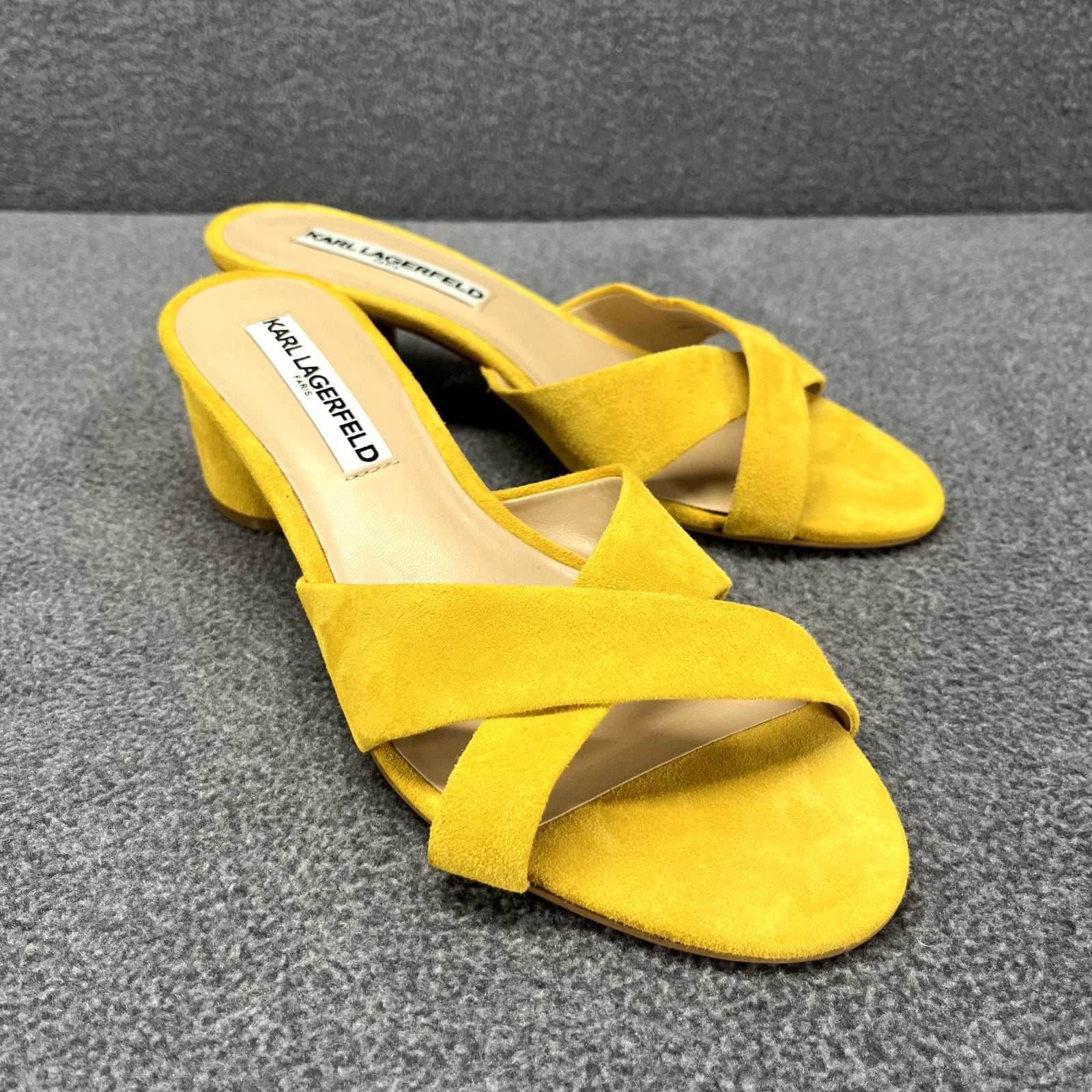 Karl Lagerfeld Sandals Women 7 M Yellow Suede Fawn Canary Slide 2" Block Heel