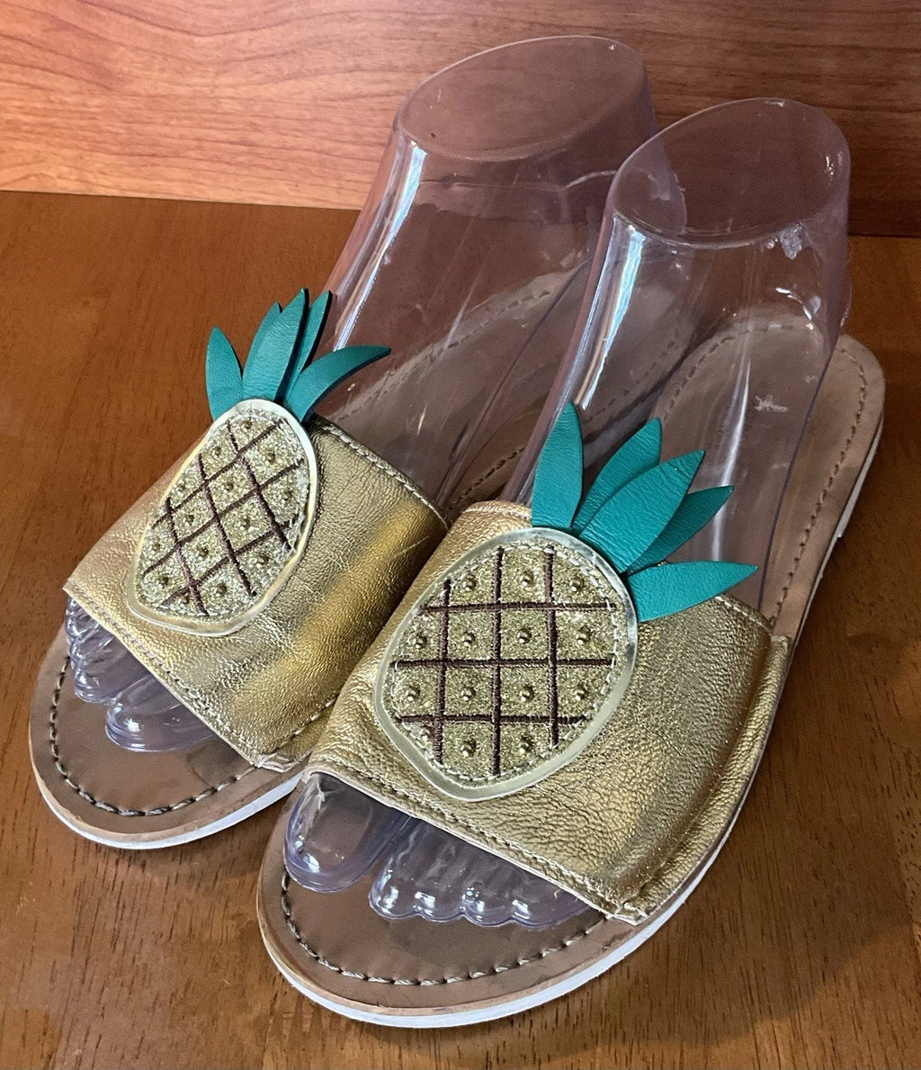 Kate Spade Womens Gold Metallic Leather Glitter Pineapple Sandals Slides Size 6