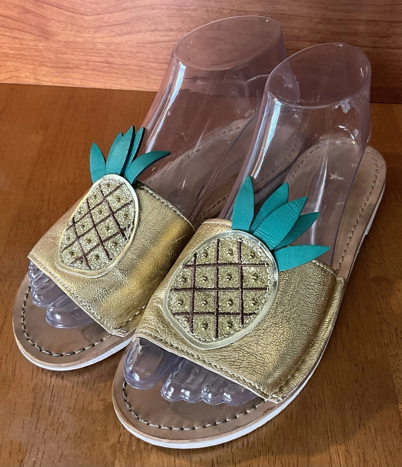 Kate Spade Womens Gold Metallic Leather Glitter Pineapple Sandals Slides Size 6
